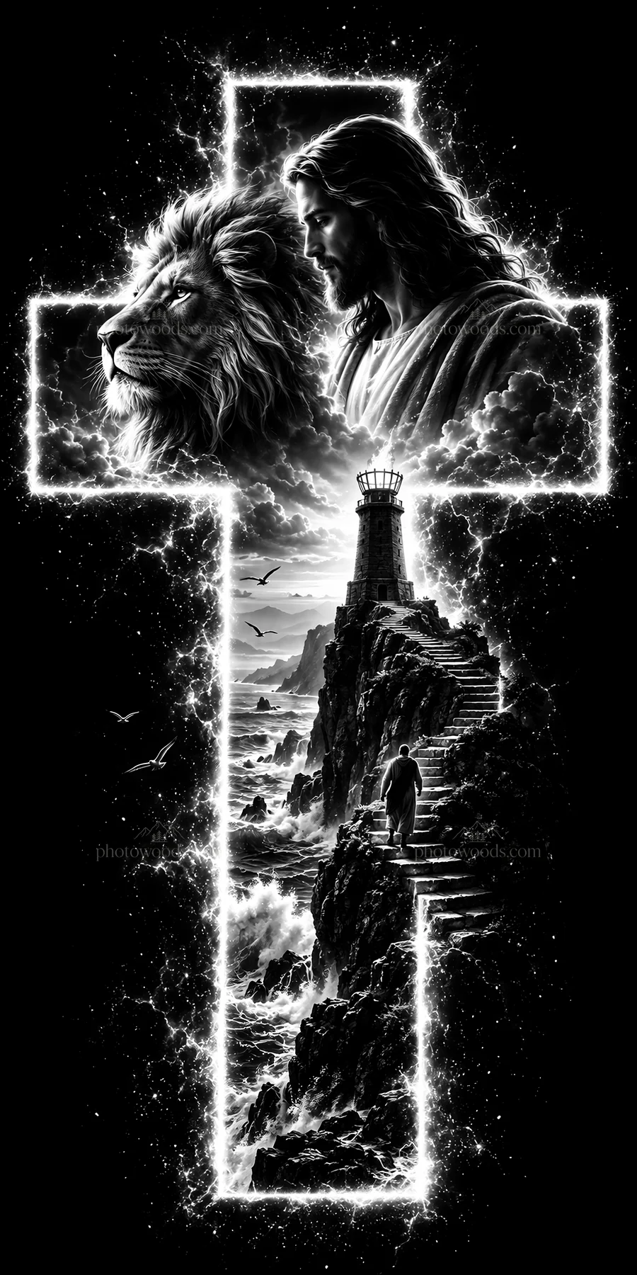 Jesus Christ guiding a figure on a path with a lighthouse - AI-generated stock image