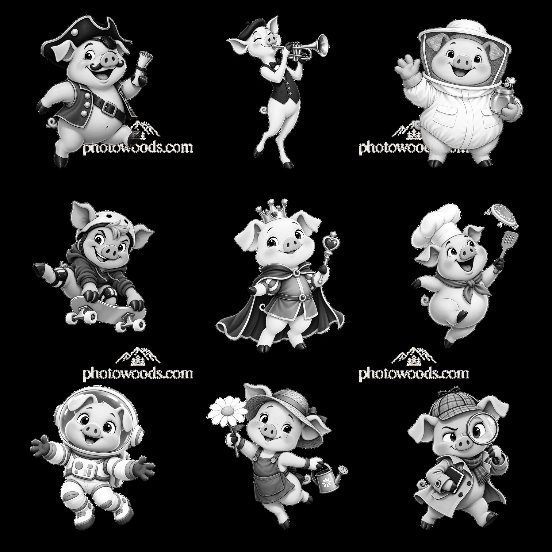 Cartoon pigs in different costumes and activities in a grid layout - AI-generated stock image