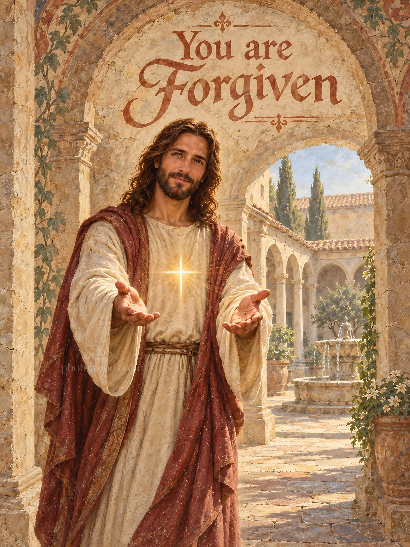 Jesus Christ welcoming viewers with words of forgiveness - AI-generated stock image