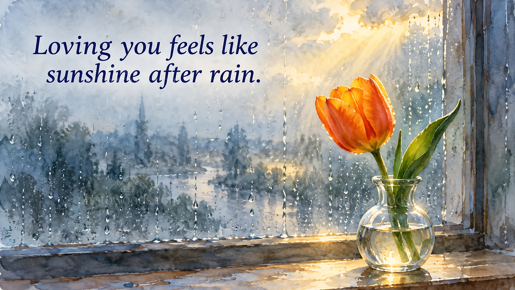 Love greeting with tulip and sunshine after rain - AI-generated stock image