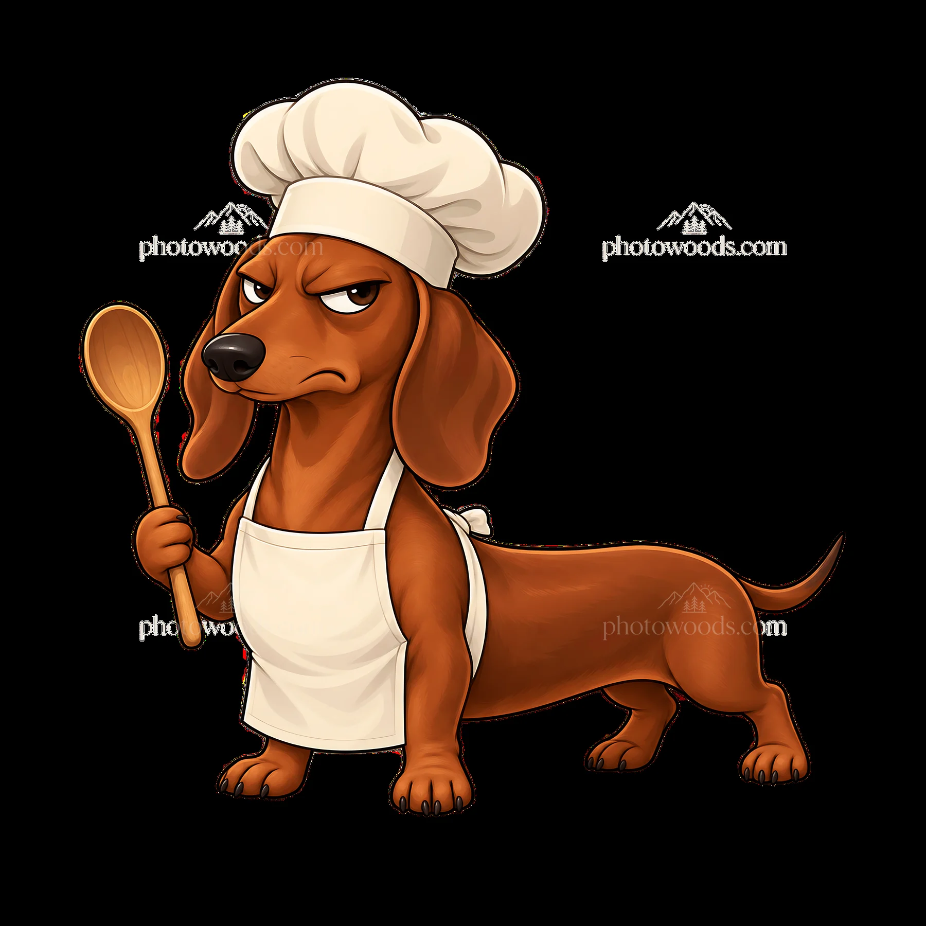 Grumpy chef dog holding a wooden spoon in a cooking pose - AI-generated stock image