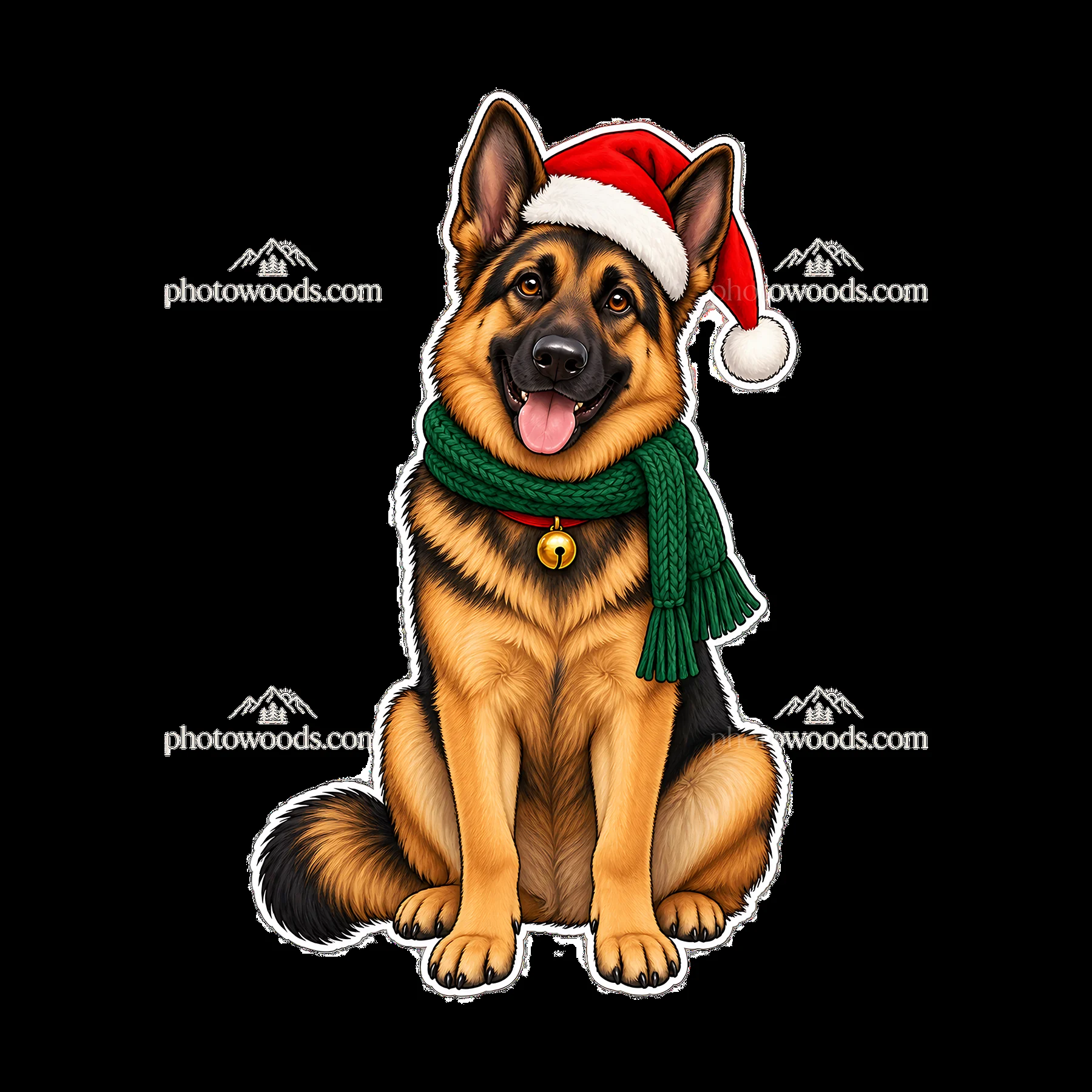 Christmas German Shepherd wearing a Santa hat and scarf - AI-generated stock image