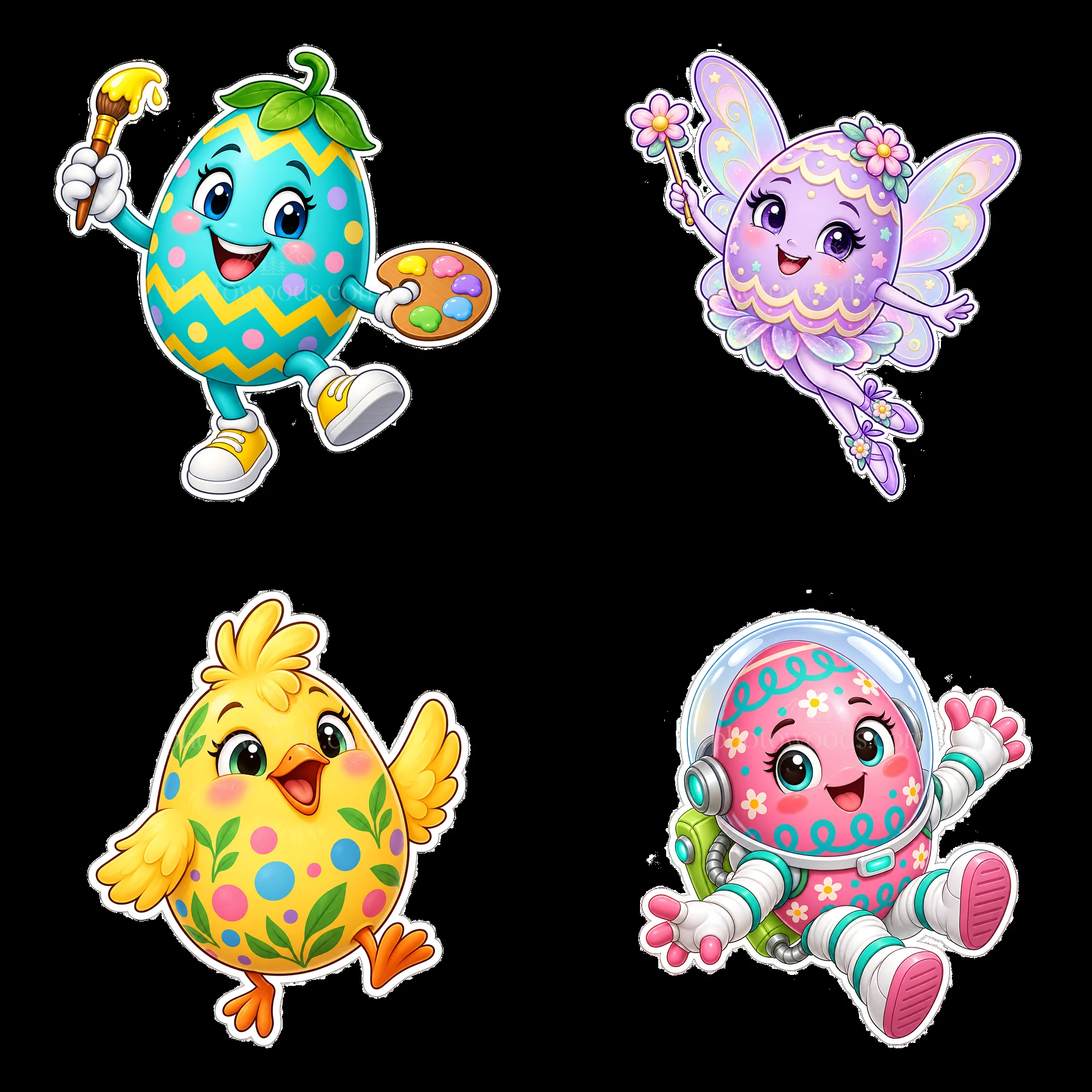 Colorful Easter egg characters with a fairy and chick - AI-generated stock image