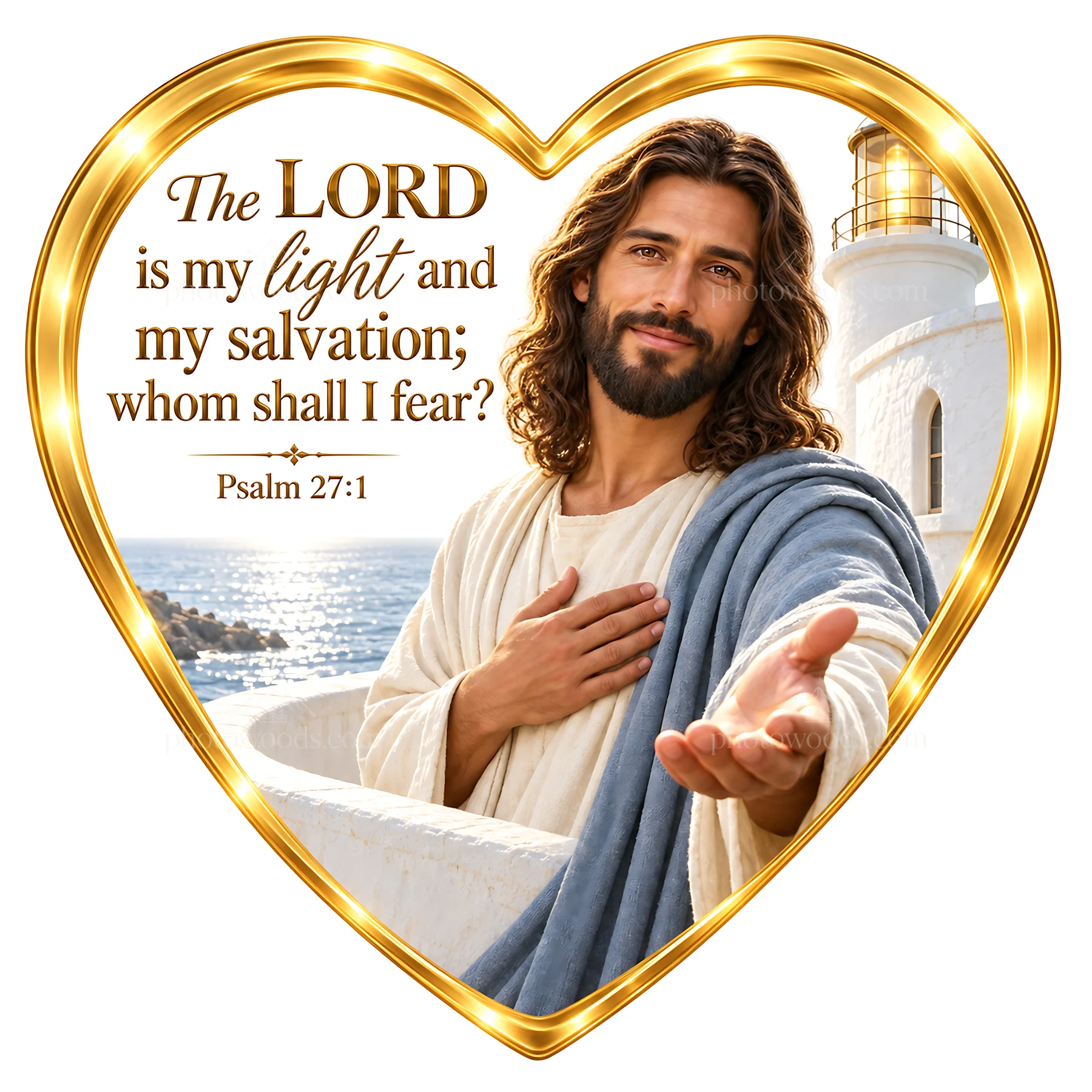 Jesus Christ welcomes with open arms by the sea - AI-generated stock image