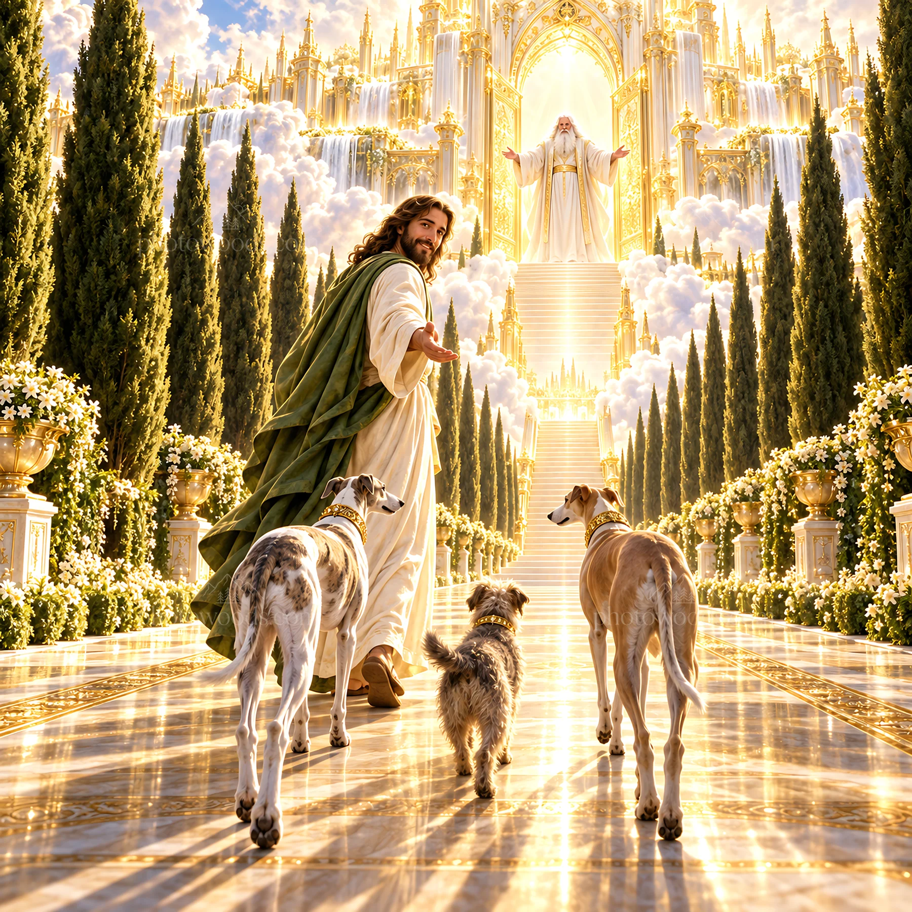 Jesus Christ walking with dogs in a heavenly garden - AI-generated stock image