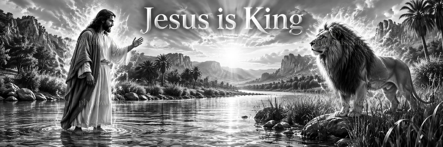 Jesus Christ welcomes the lion by the river - AI-generated stock image