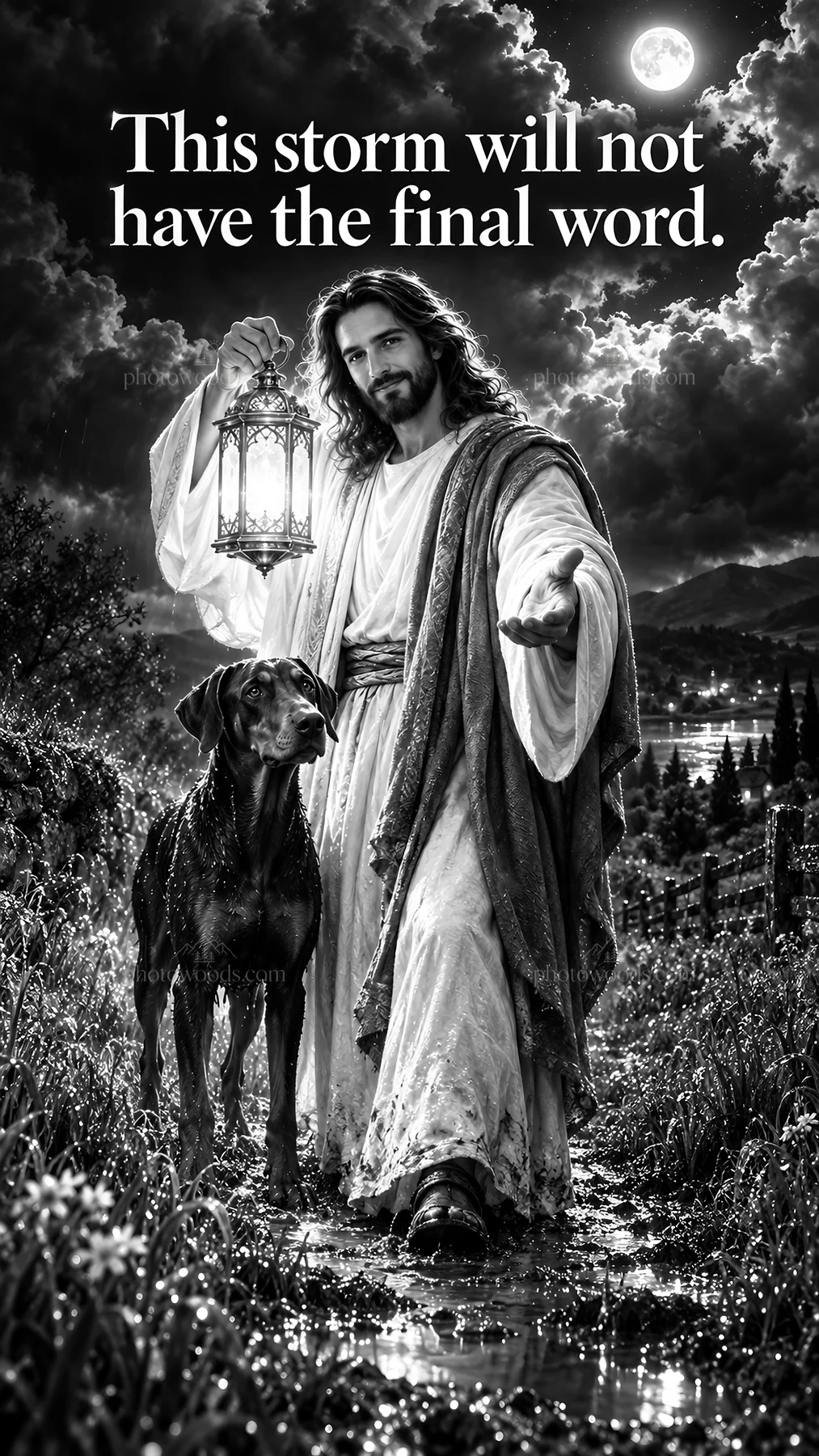 Jesus Christ walking with a dog holding a lantern - AI-generated stock image