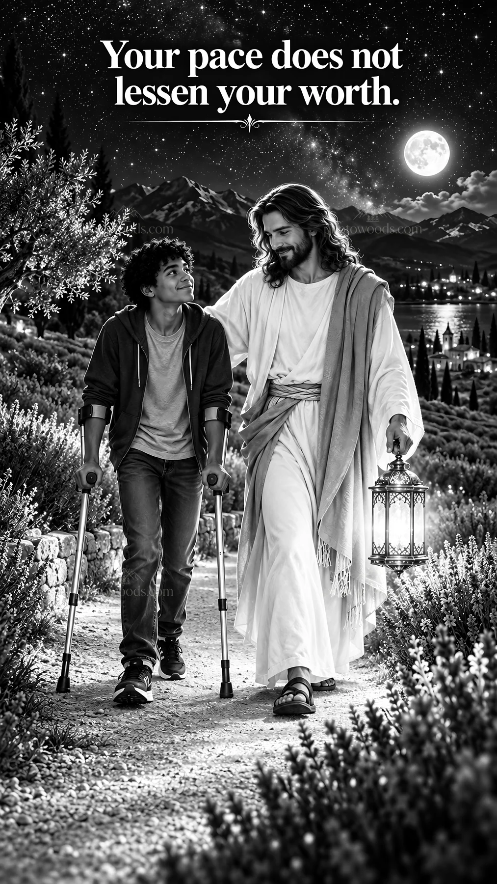 Jesus Christ walking with a boy on a path at night - AI-generated stock image