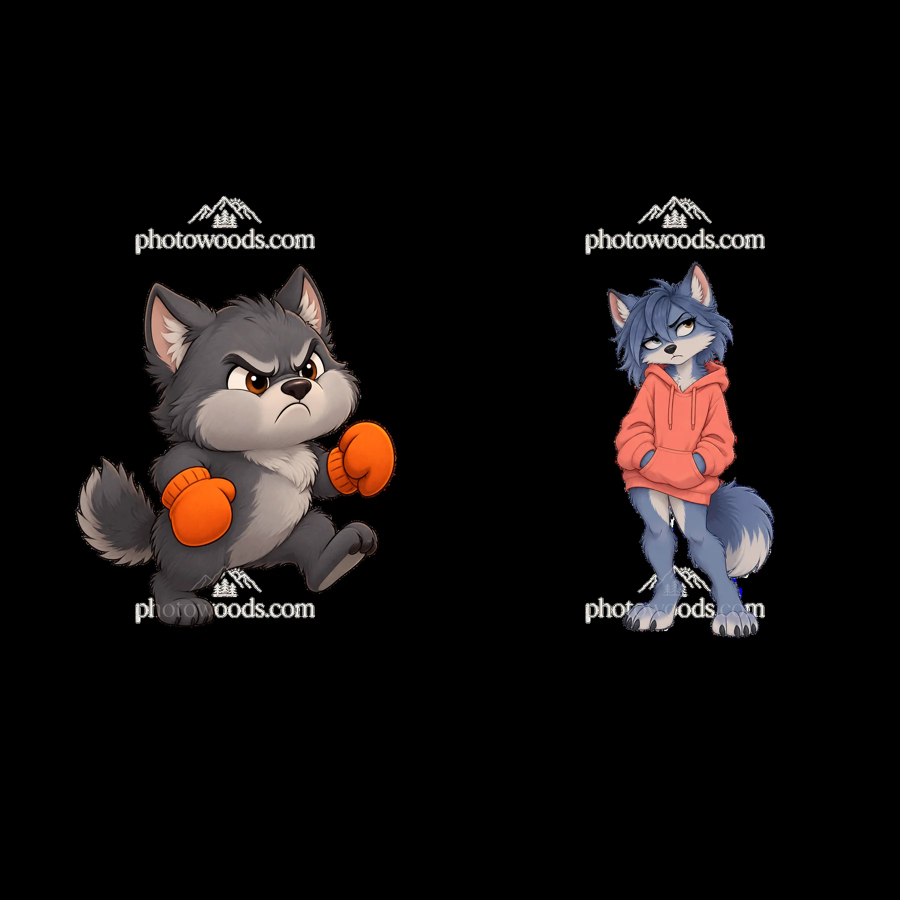 Grumpy wolf with boxing gloves and cool wolf in a hoodie - AI-generated stock image