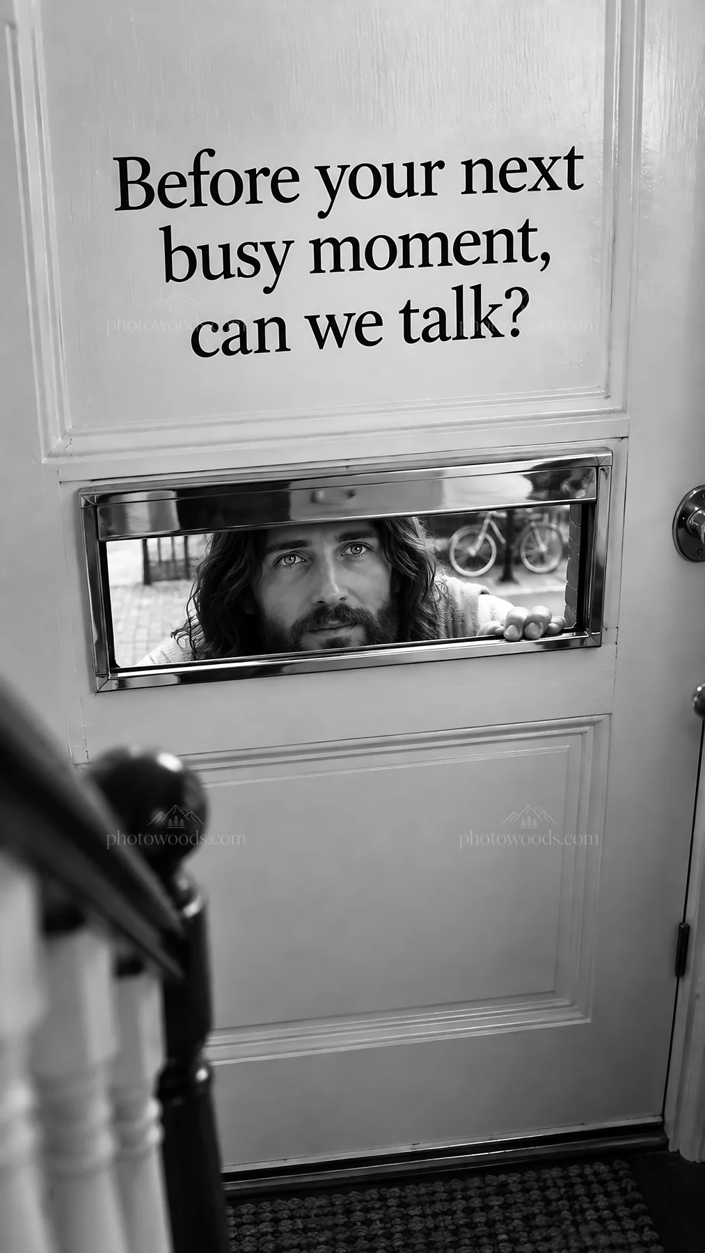 Jesus Christ inviting for a conversation through a door - AI-generated stock image