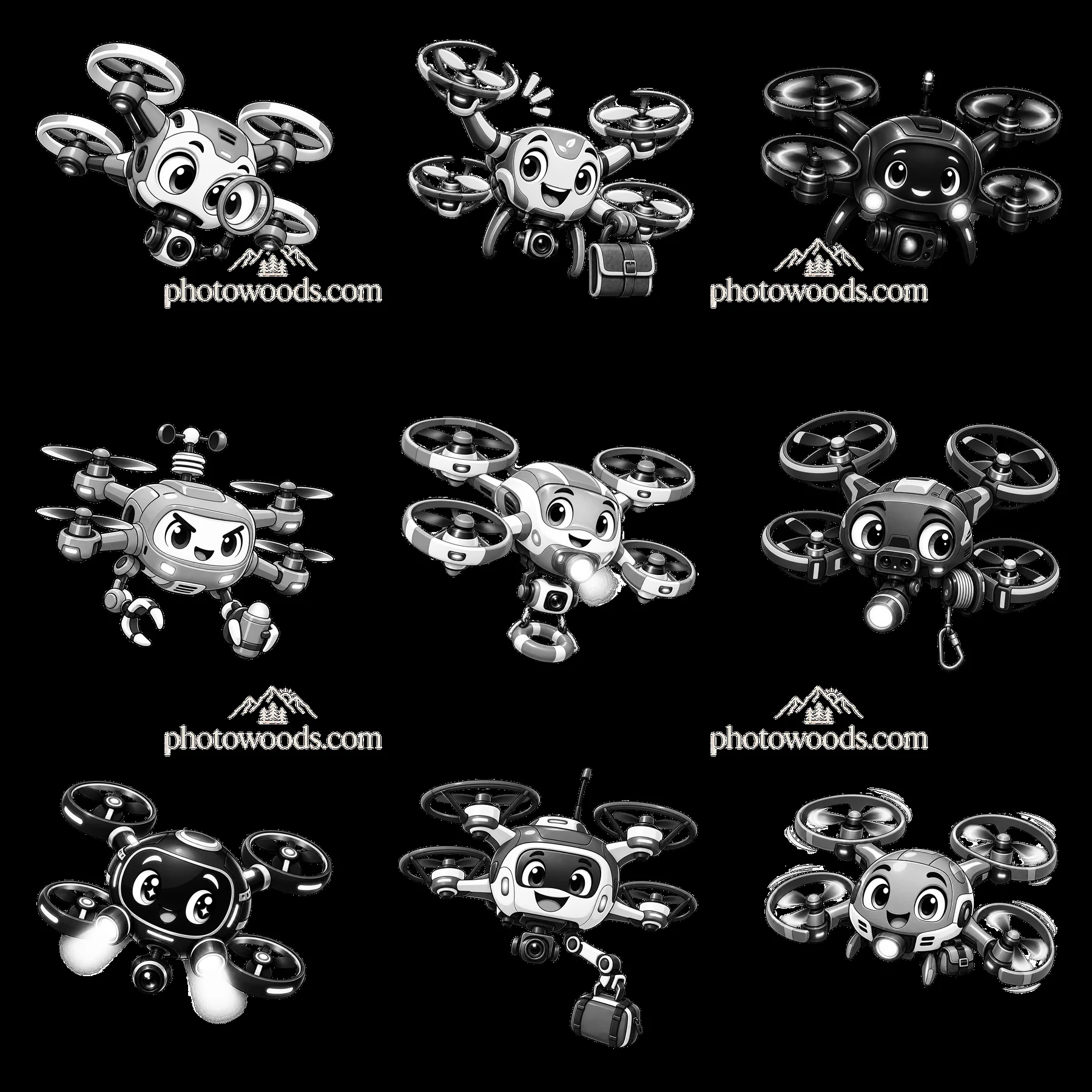 Cartoon drones in various actions and expressions in a grid - AI-generated stock image