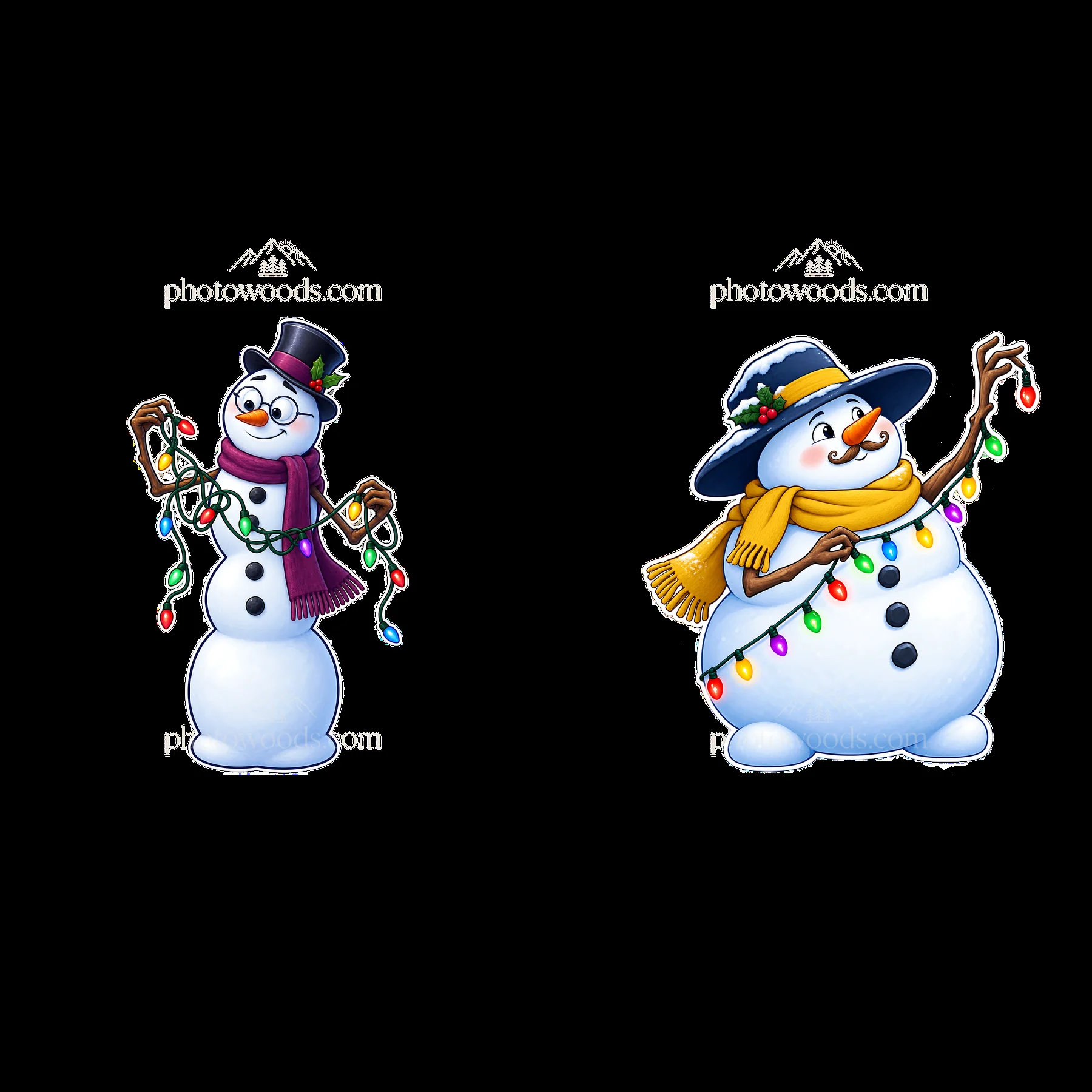 Snowmen holding string lights in playful winter scene - AI-generated stock image