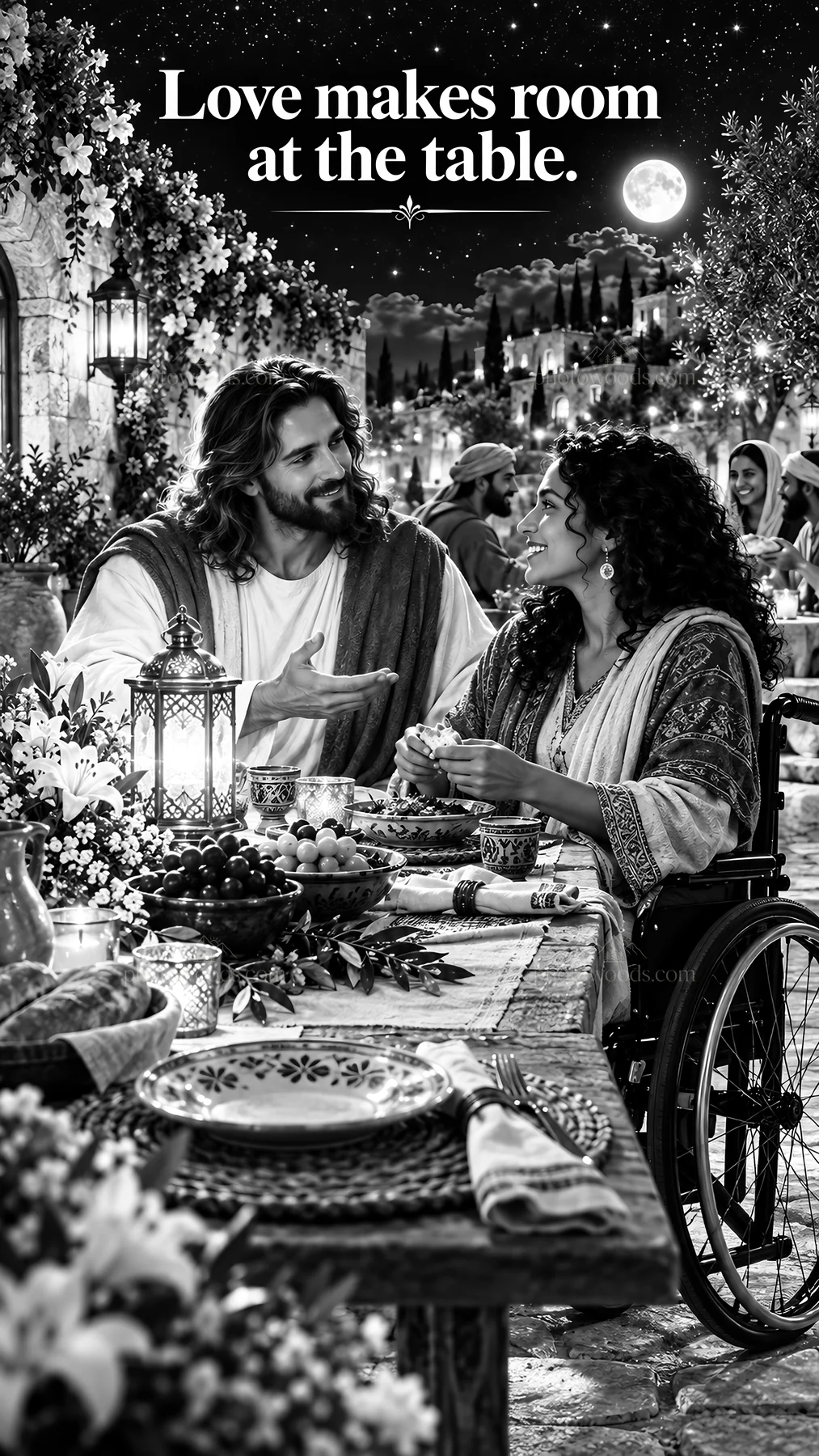 Jesus Christ shares a meal with a woman in a wheelchair - AI-generated stock image