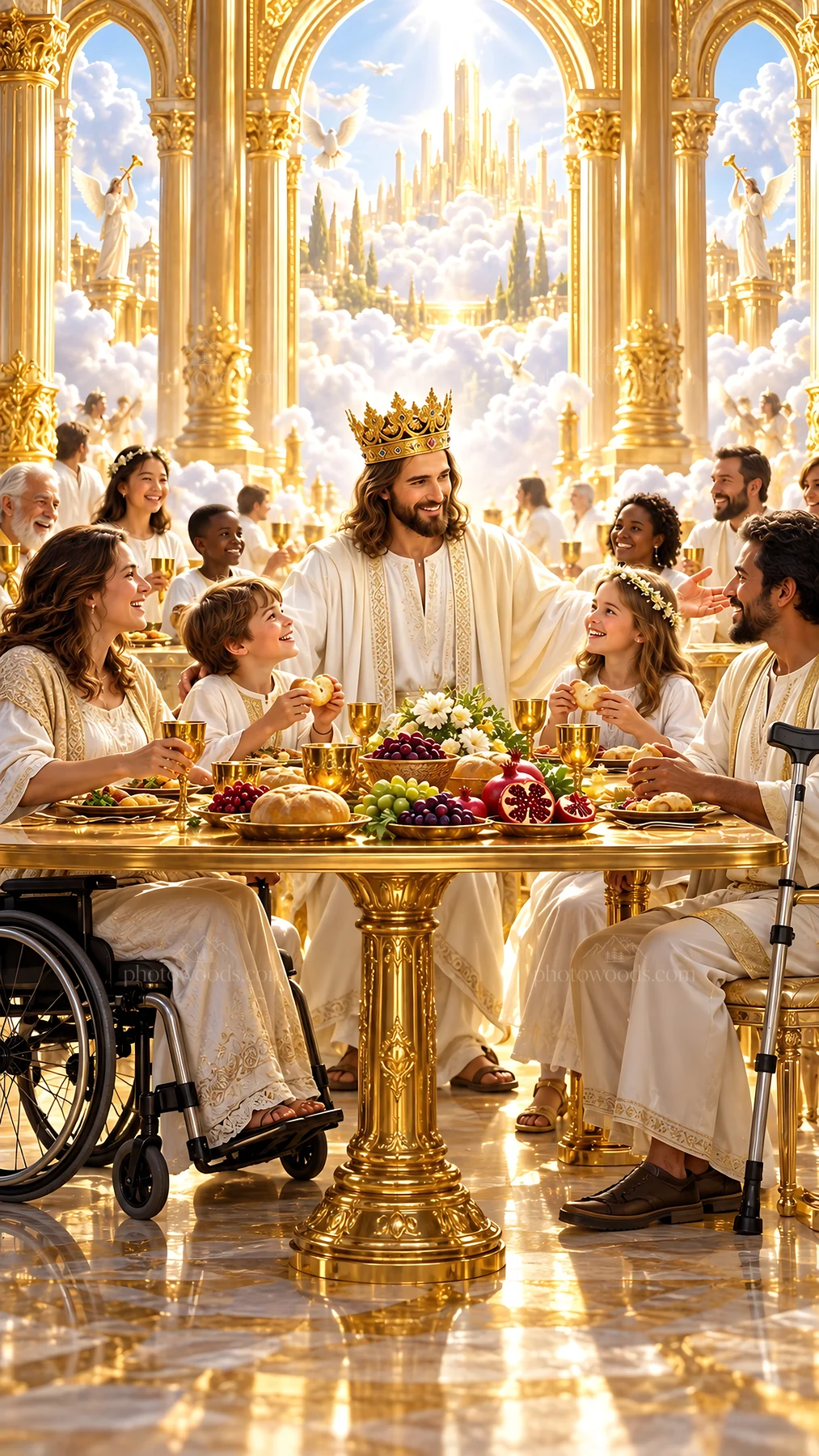 Jesus Christ sharing a meal with people in a divine setting - AI-generated stock image