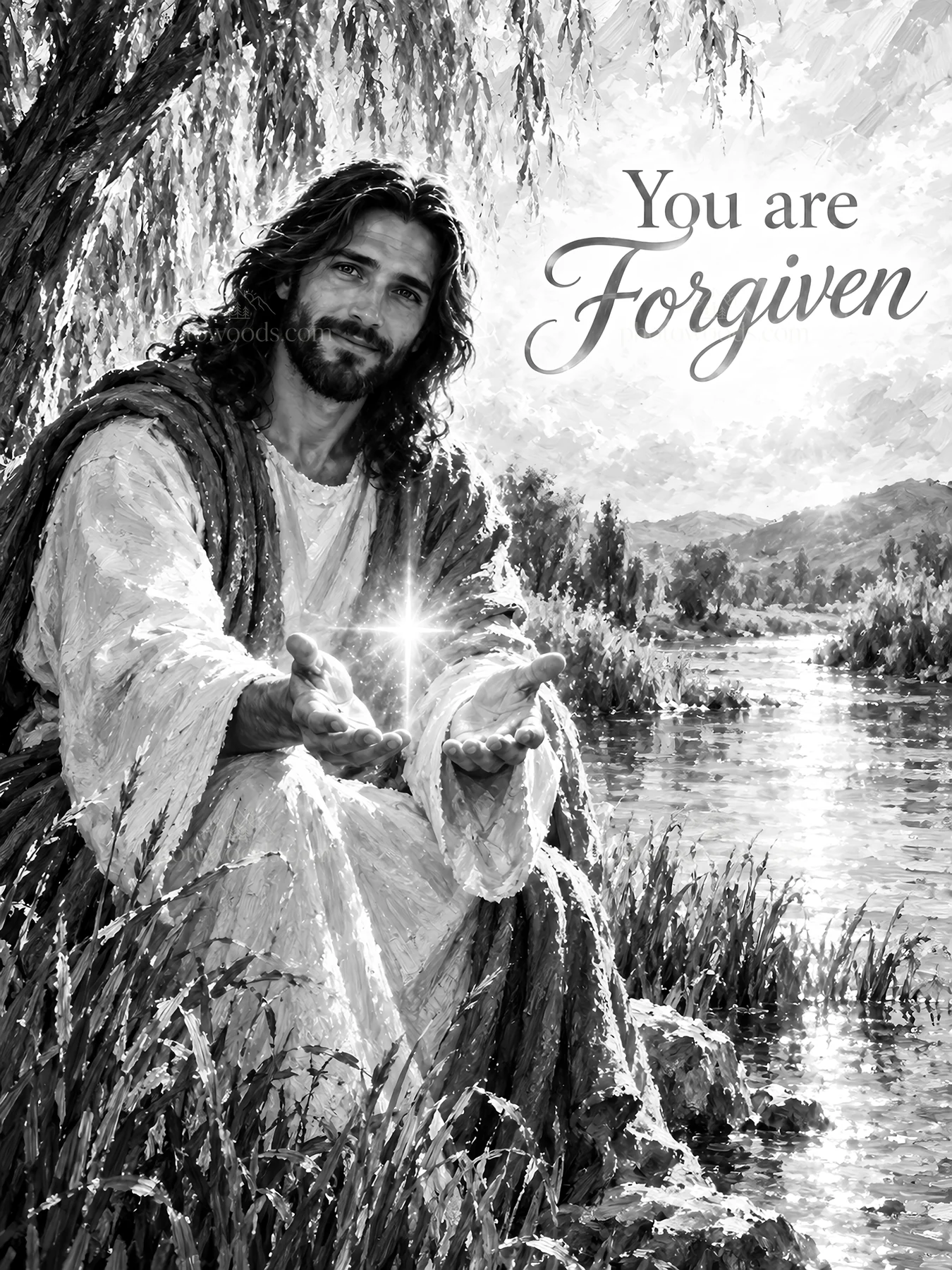 Jesus Christ offering forgiveness by the river - AI-generated stock image