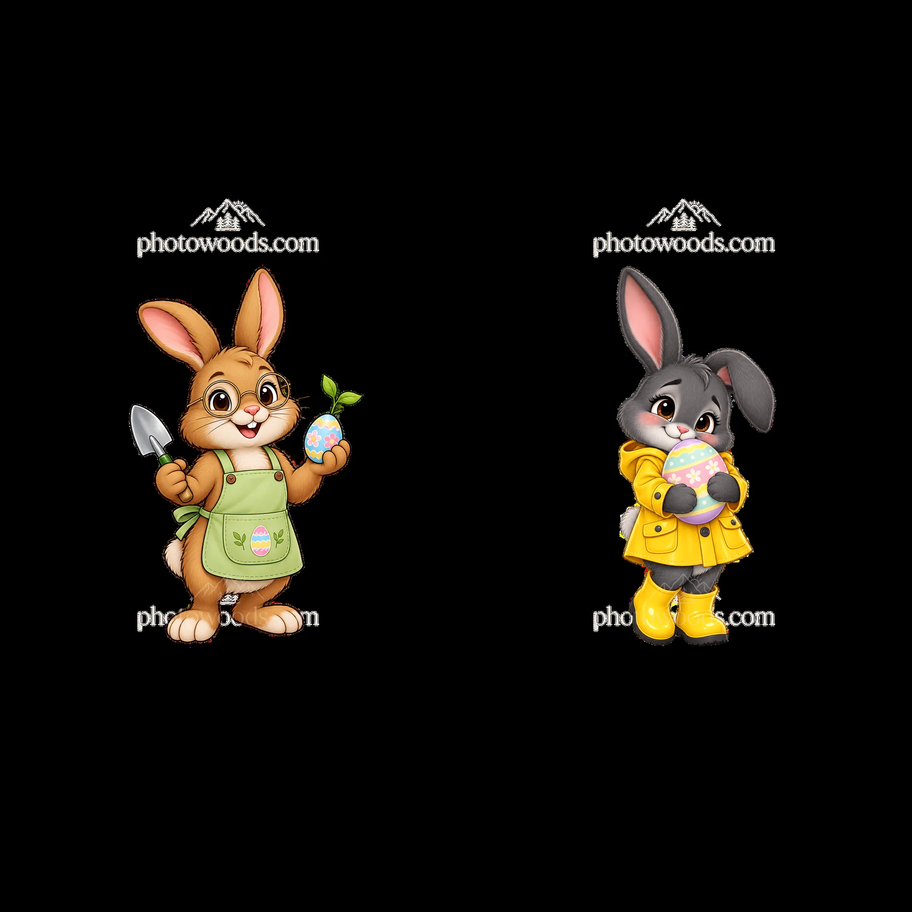 Easter bunnies with eggs and tools in colorful outfits - AI-generated stock image