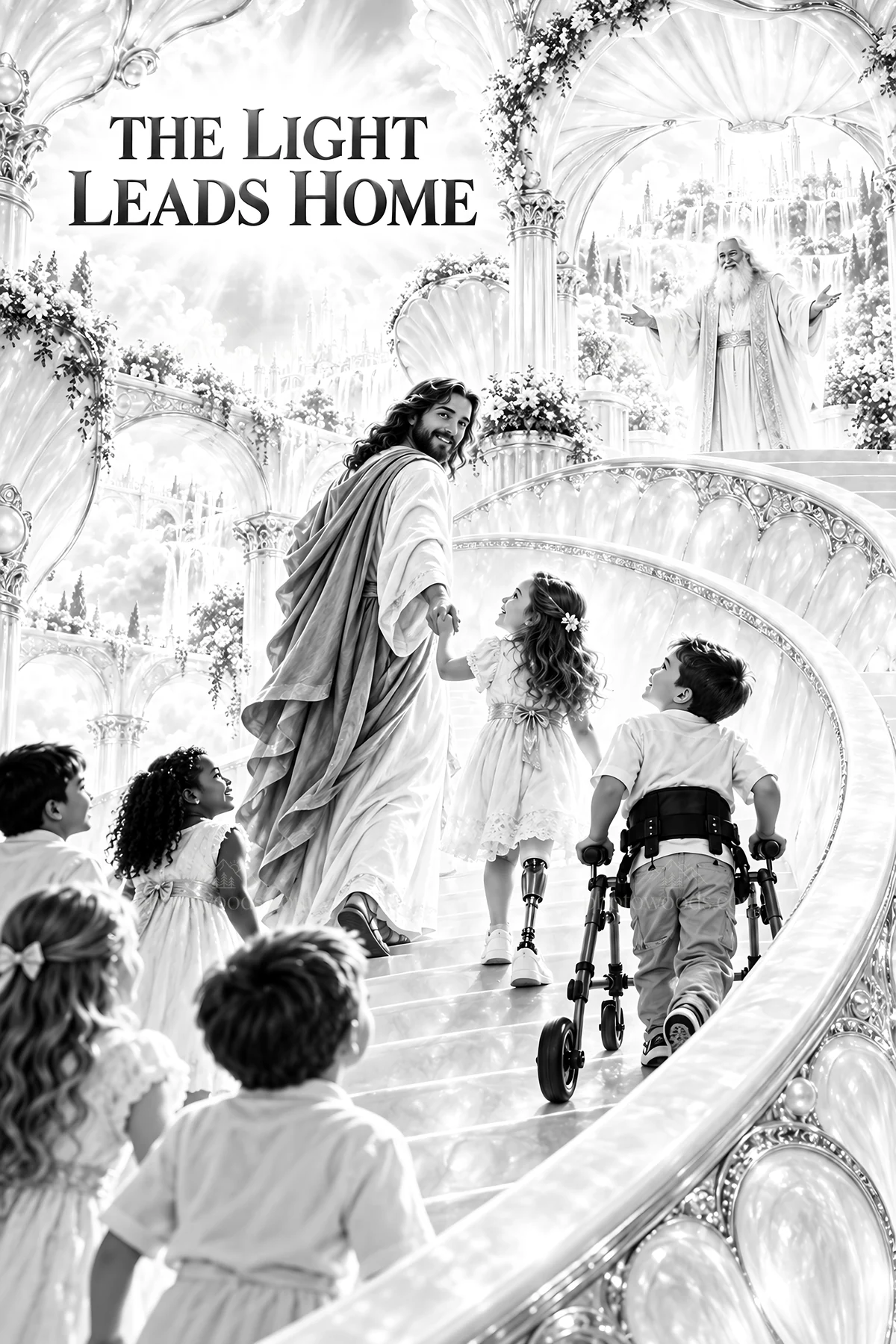 Jesus Christ leading children on a shining path - AI-generated stock image