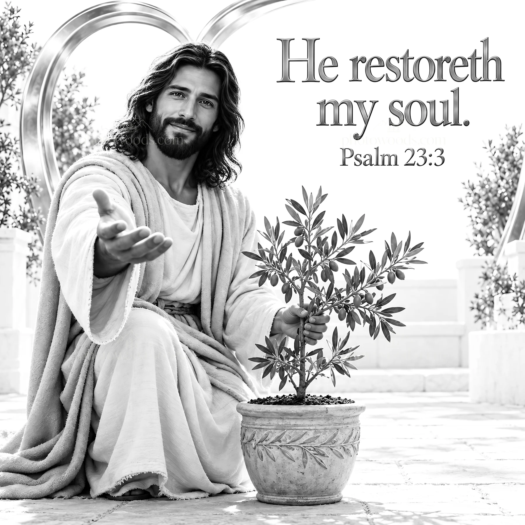 Jesus Christ restoring my soul in a garden setting - AI-generated stock image