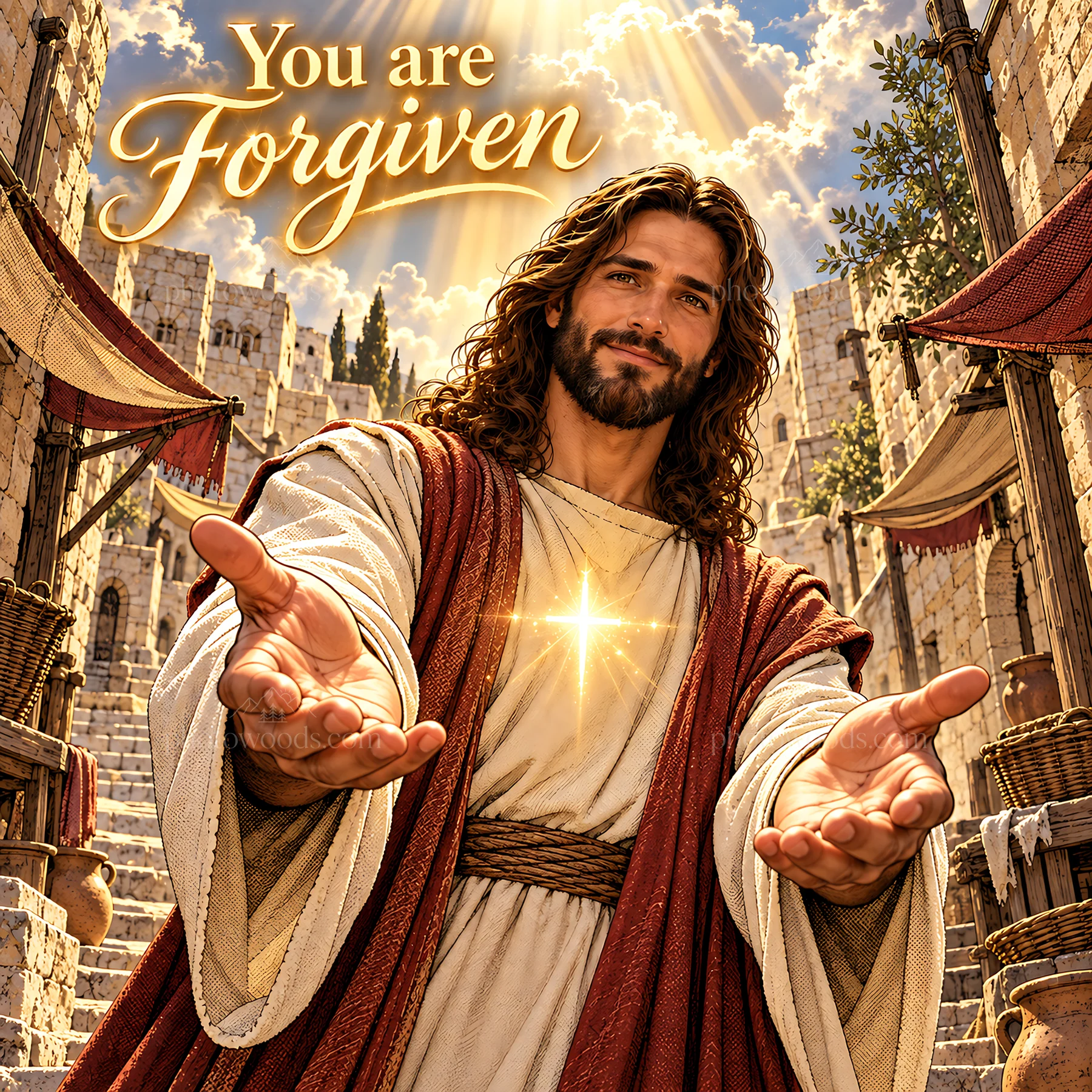 Jesus Christ welcoming with open arms in a city street - AI-generated stock image