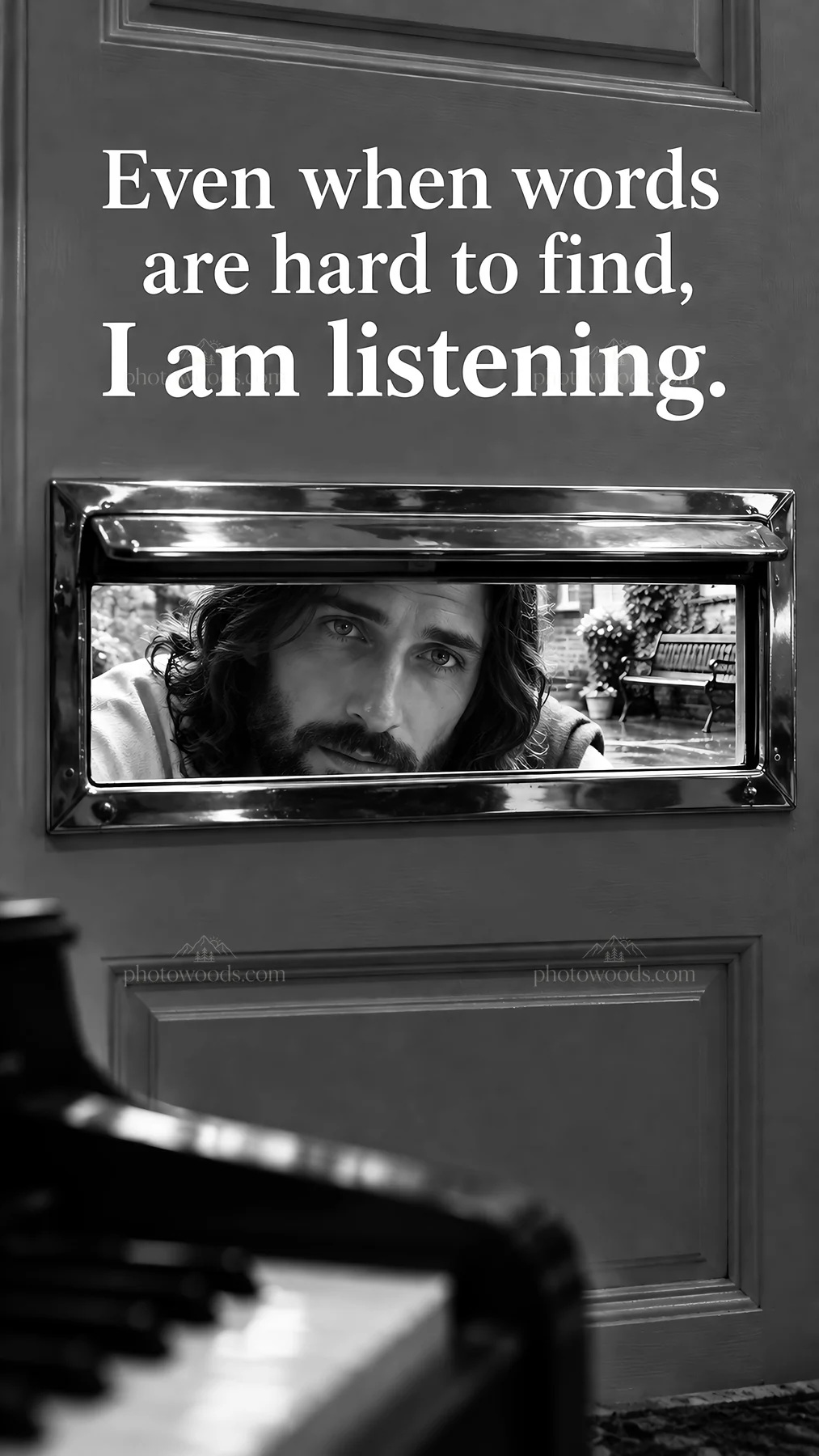Jesus Christ looking through a door, listening to a plea - AI-generated stock image