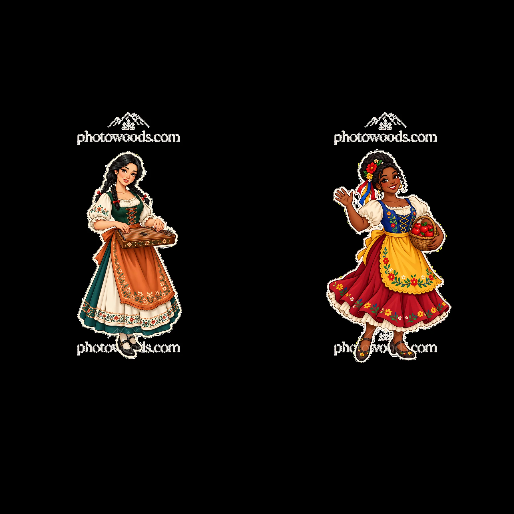 Women in traditional folk dress playing instruments and waving - AI-generated stock image