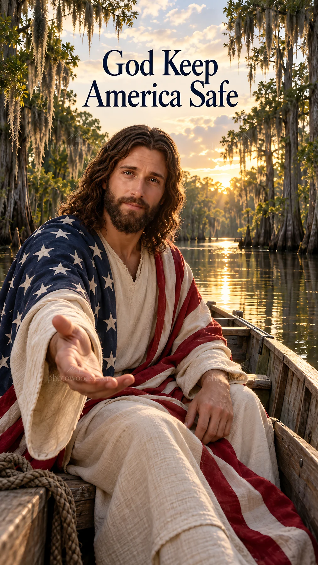 Jesus Christ offering comfort in a boat on the water - AI-generated stock image