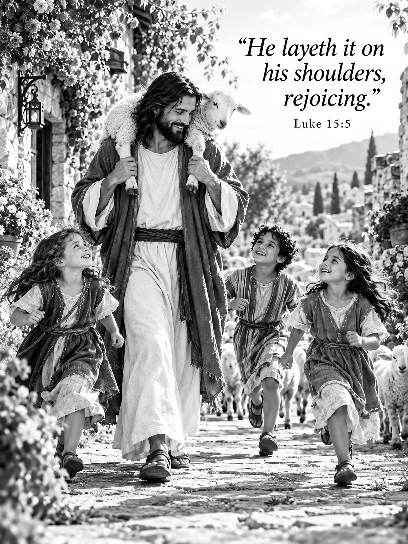 Jesus Christ carries a sheep while children run joyfully - AI-generated stock image
