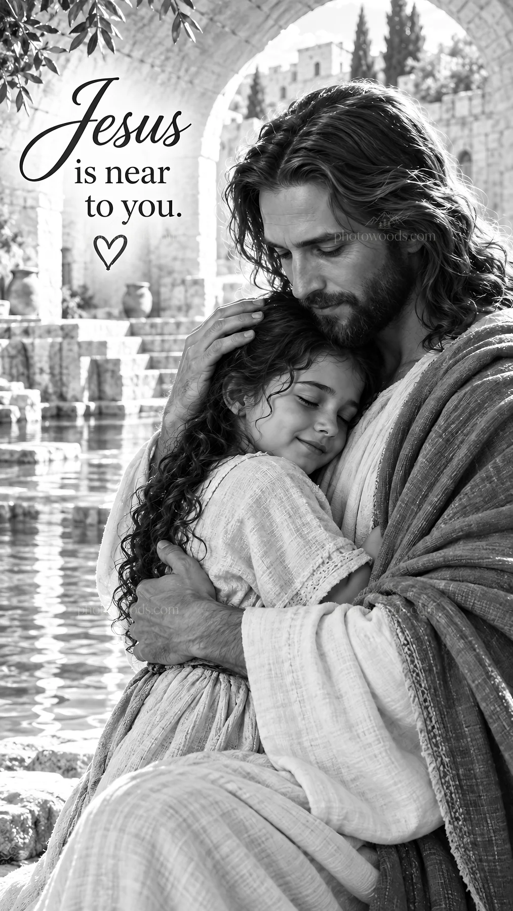 Jesus Christ comforting a child by the water - AI-generated stock image