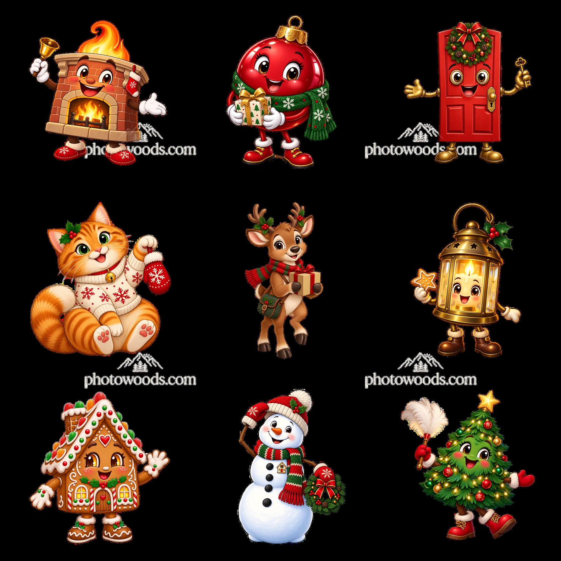 Christmas house stickers with cheerful characters and festive items - AI-generated stock image