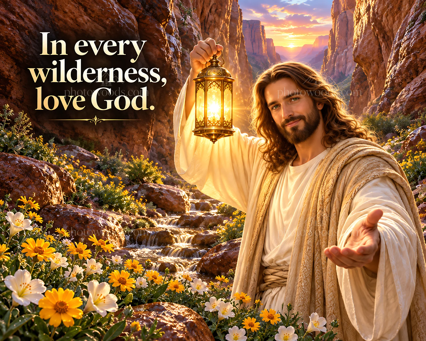 Jesus Christ in a wilderness, offering light and guidance - AI-generated stock image
