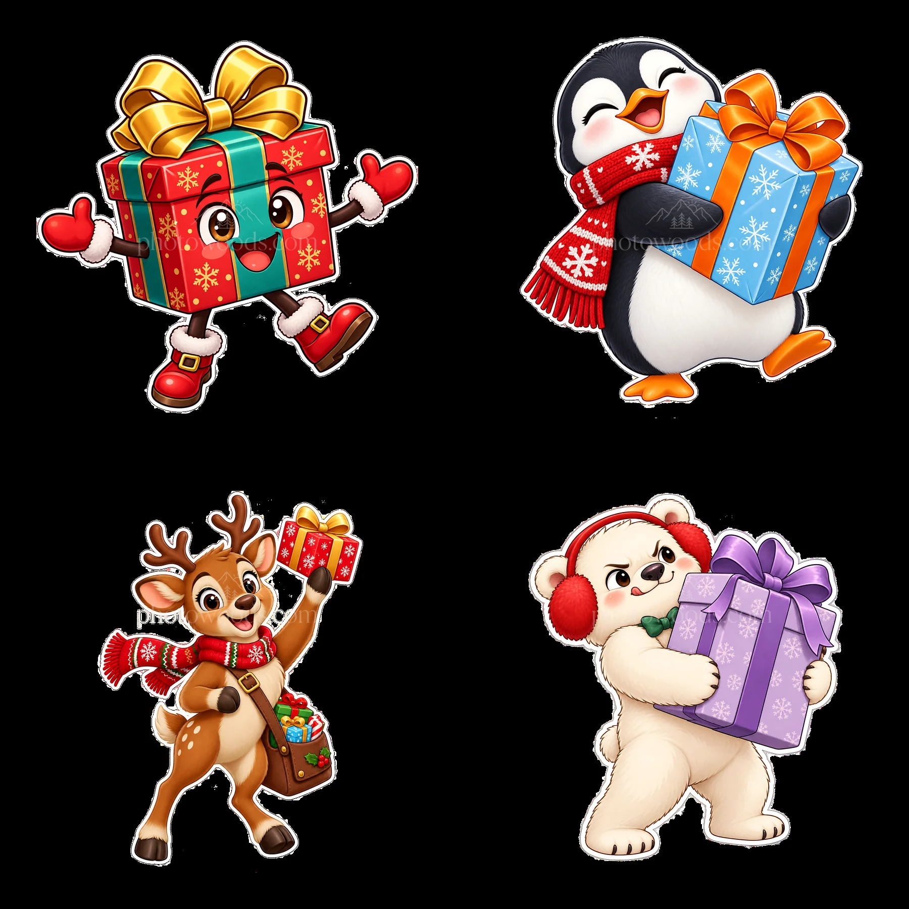 Colorful cartoon Christmas characters holding presents - AI-generated stock image