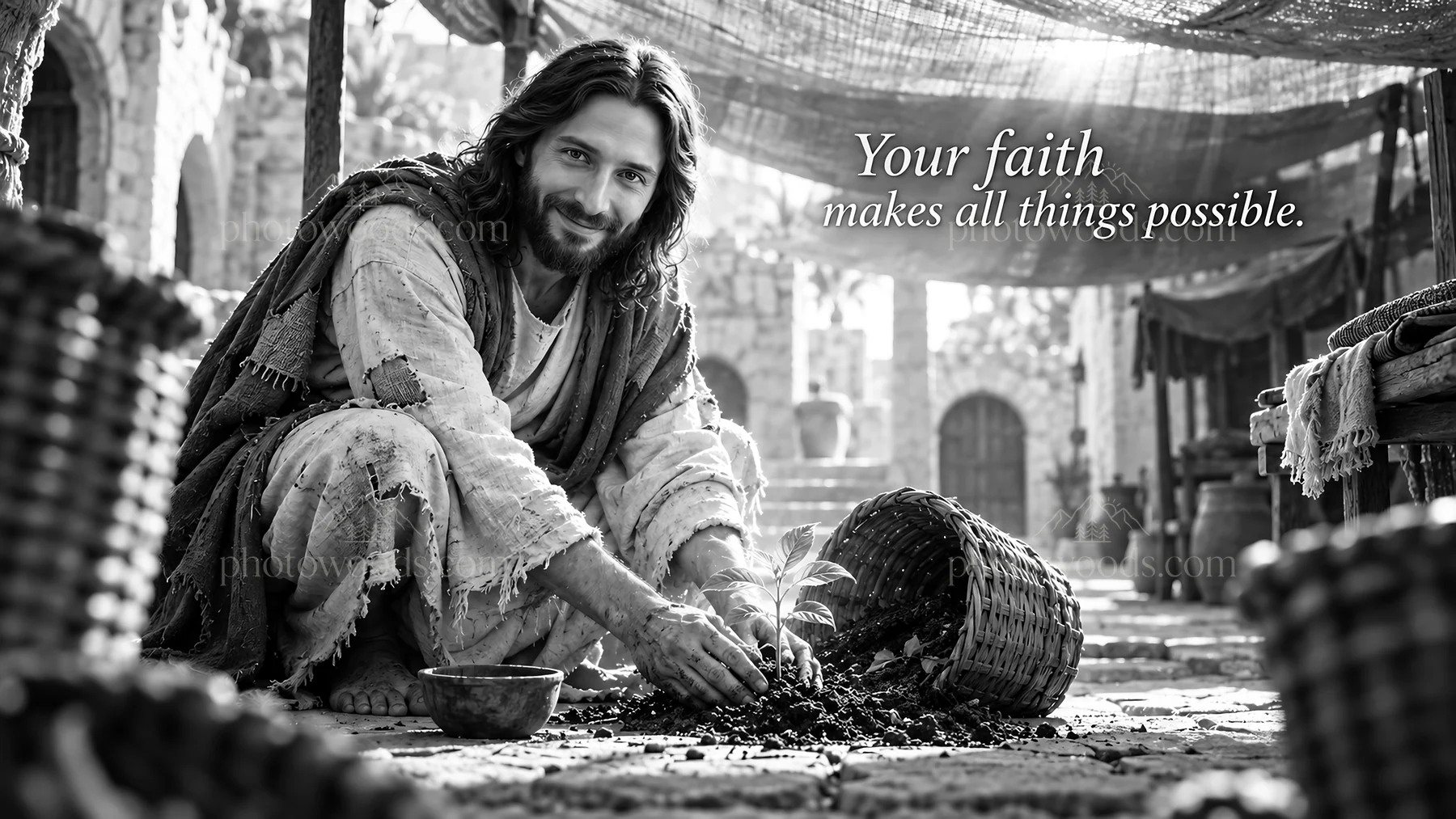 Jesus Christ planting seeds in a community garden - AI-generated stock image