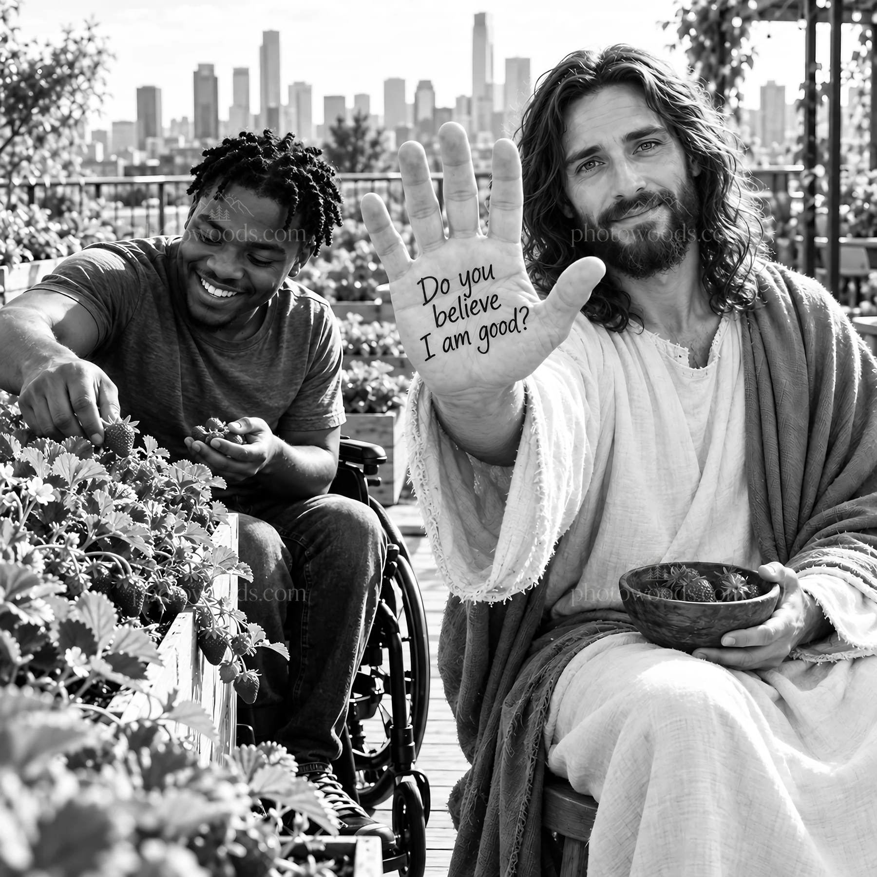 Jesus Christ sharing a meal with a person in a garden setting - AI-generated stock image