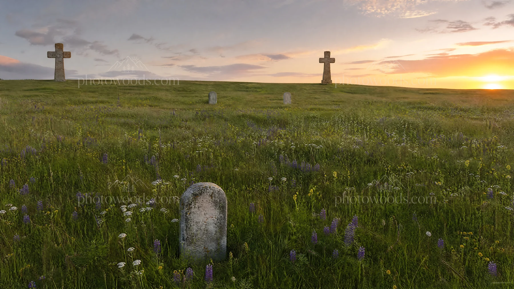 Christian crosses on rolling meadow under sunrise - AI-generated stock image