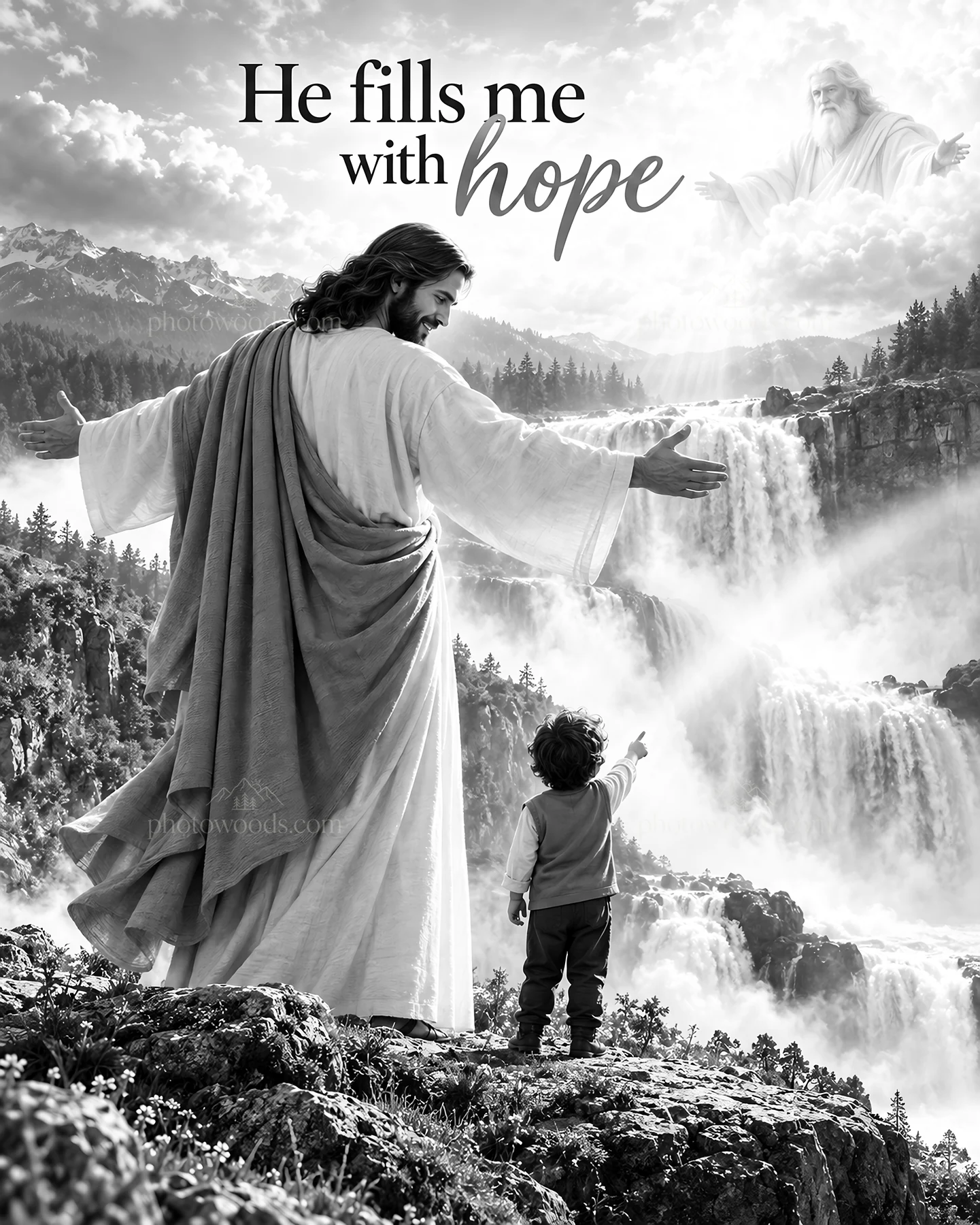 Jesus Christ fills me with hope by the flowing waterfall - AI-generated stock image