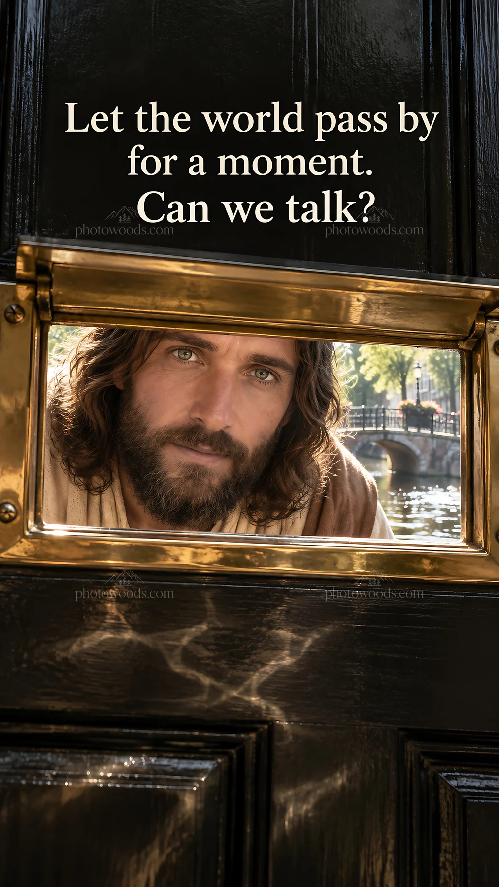 Jesus Christ invites the viewer to talk from behind a door - AI-generated stock image
