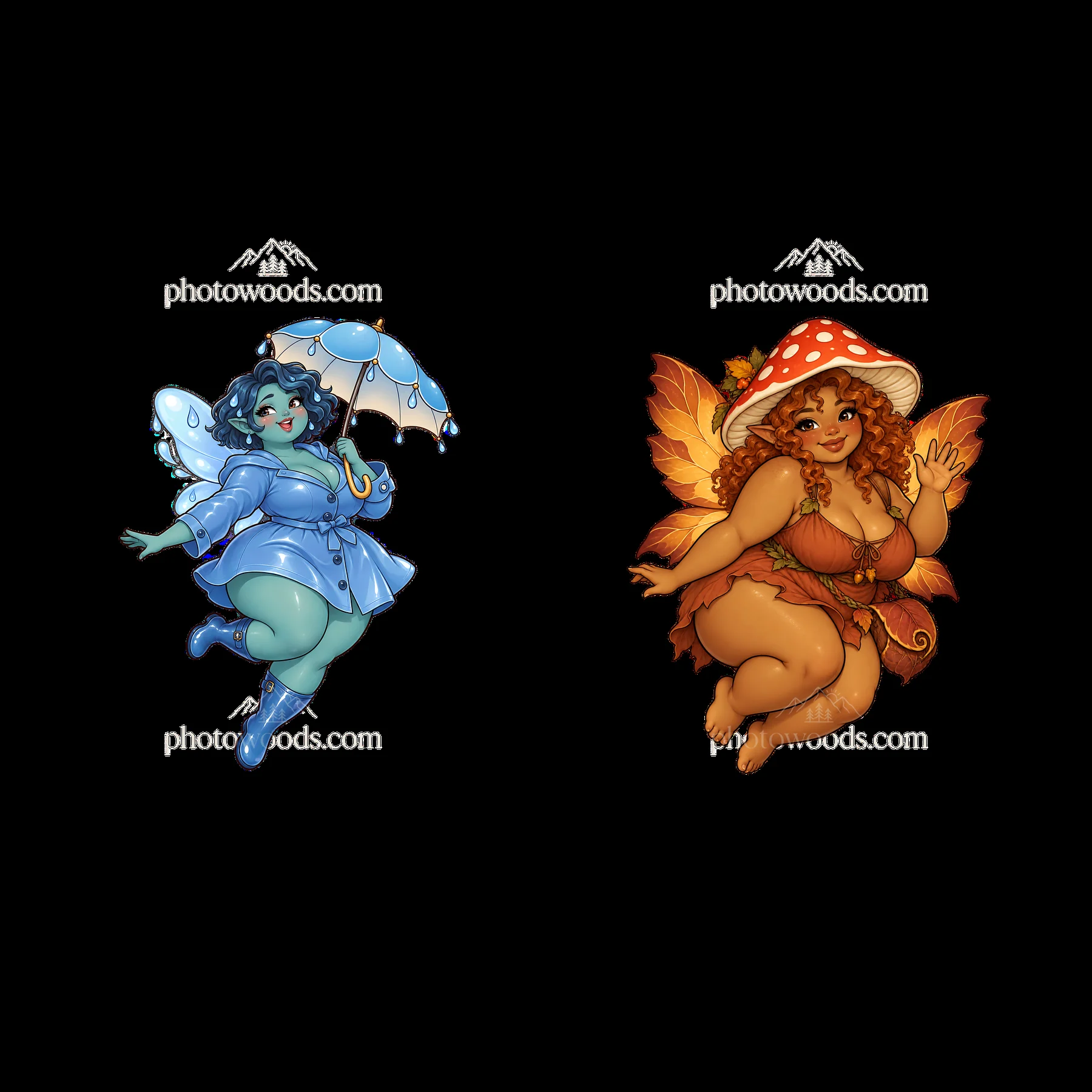 Kawaii ultra-fat fairies with an umbrella and mushroom cap - AI-generated stock image