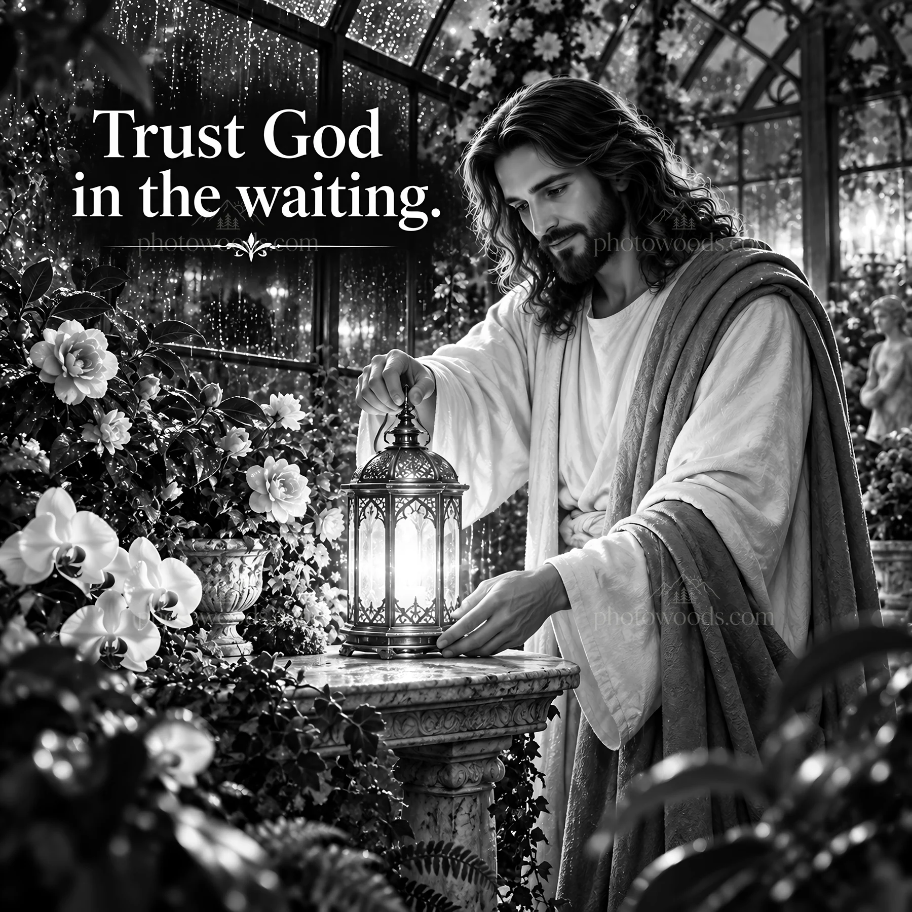 Jesus Christ holding a lantern in a garden setting - AI-generated stock image