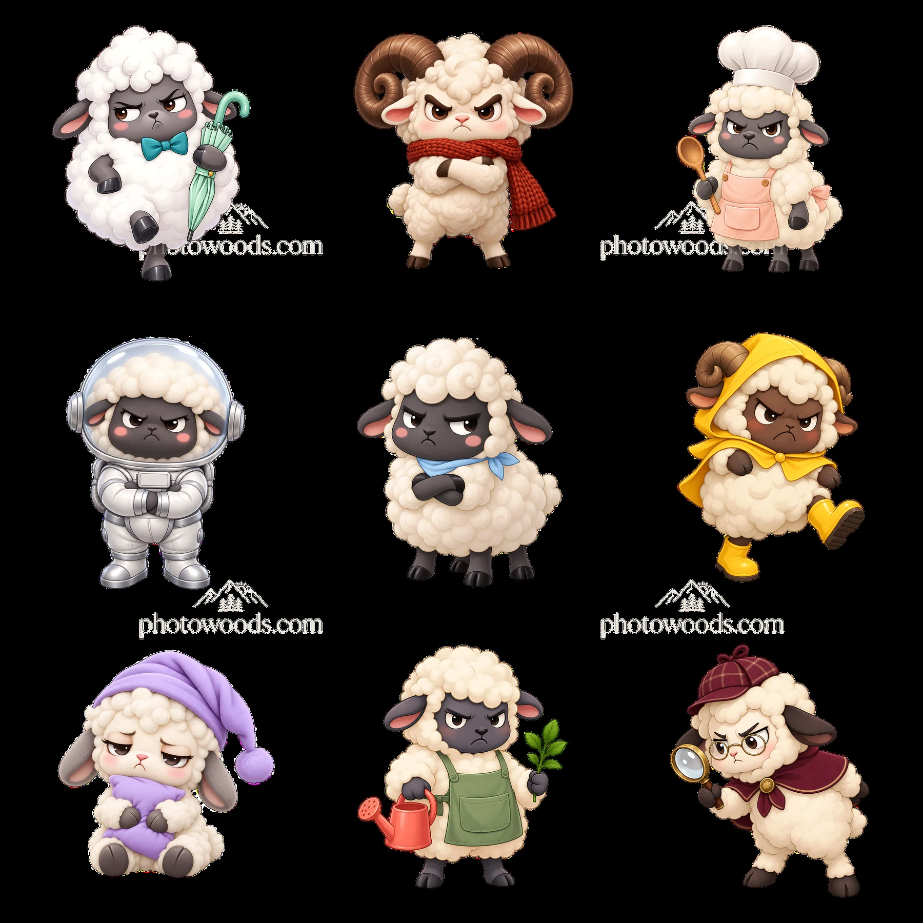 Kawaii grumpy sheep in various outfits and expressions - AI-generated stock image