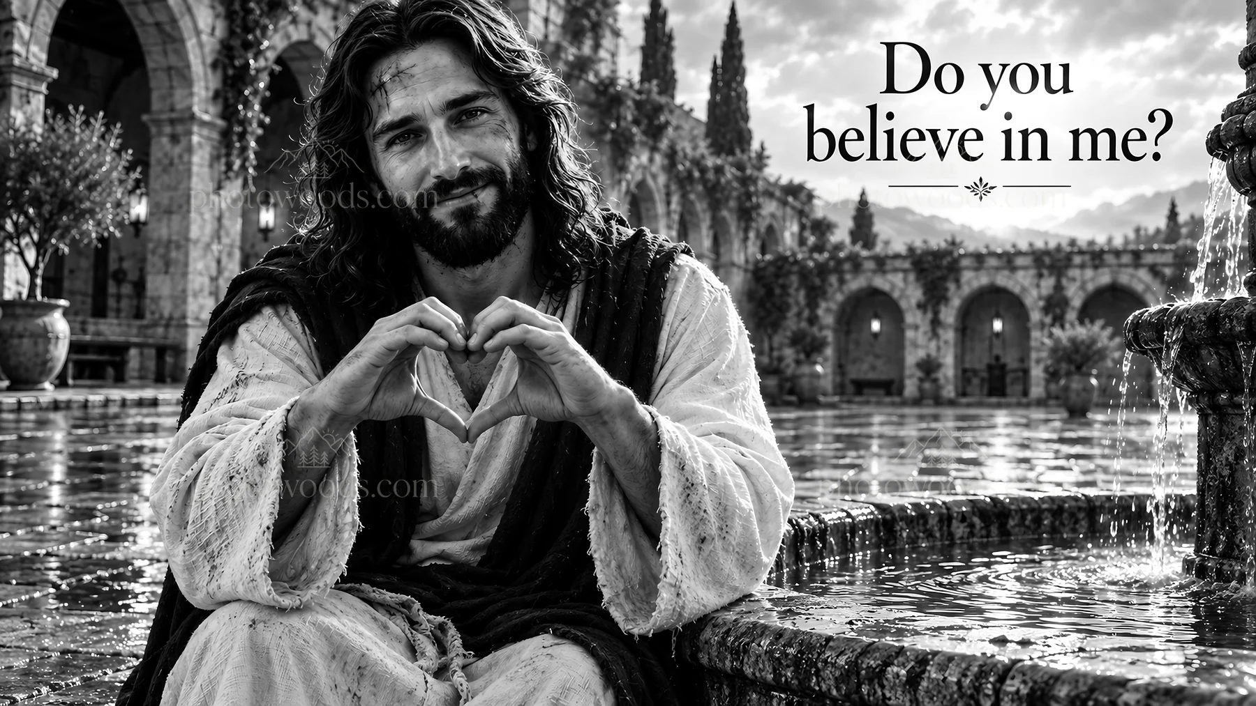 Jesus Christ forming a heart shape with his hands - AI-generated stock image