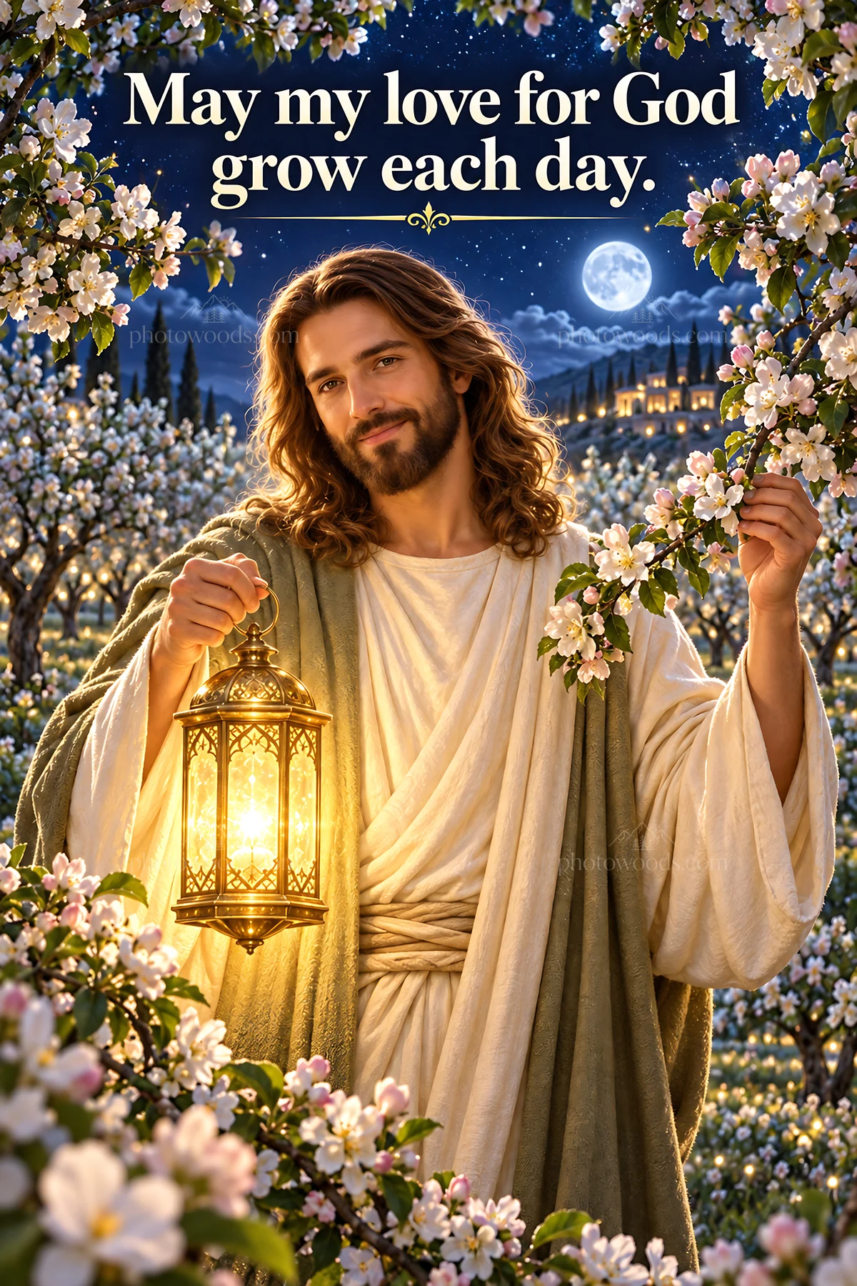 Jesus Christ holding a lantern in a floral setting - AI-generated stock image