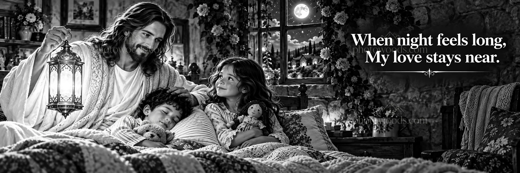 Jesus Christ comforting children during a night at home - AI-generated stock image