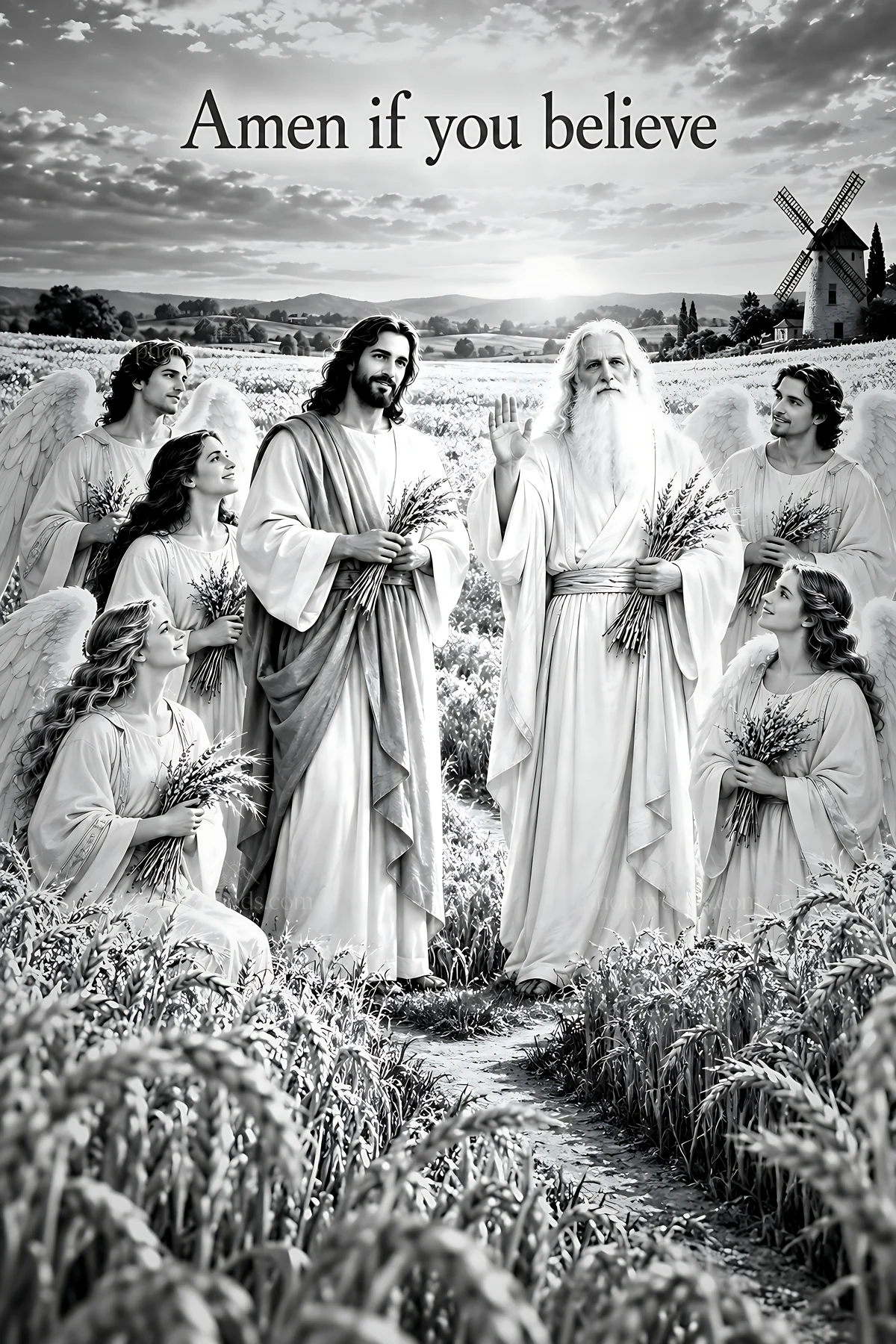 Blessing the harvest in a wheat field with angels - AI-generated stock image