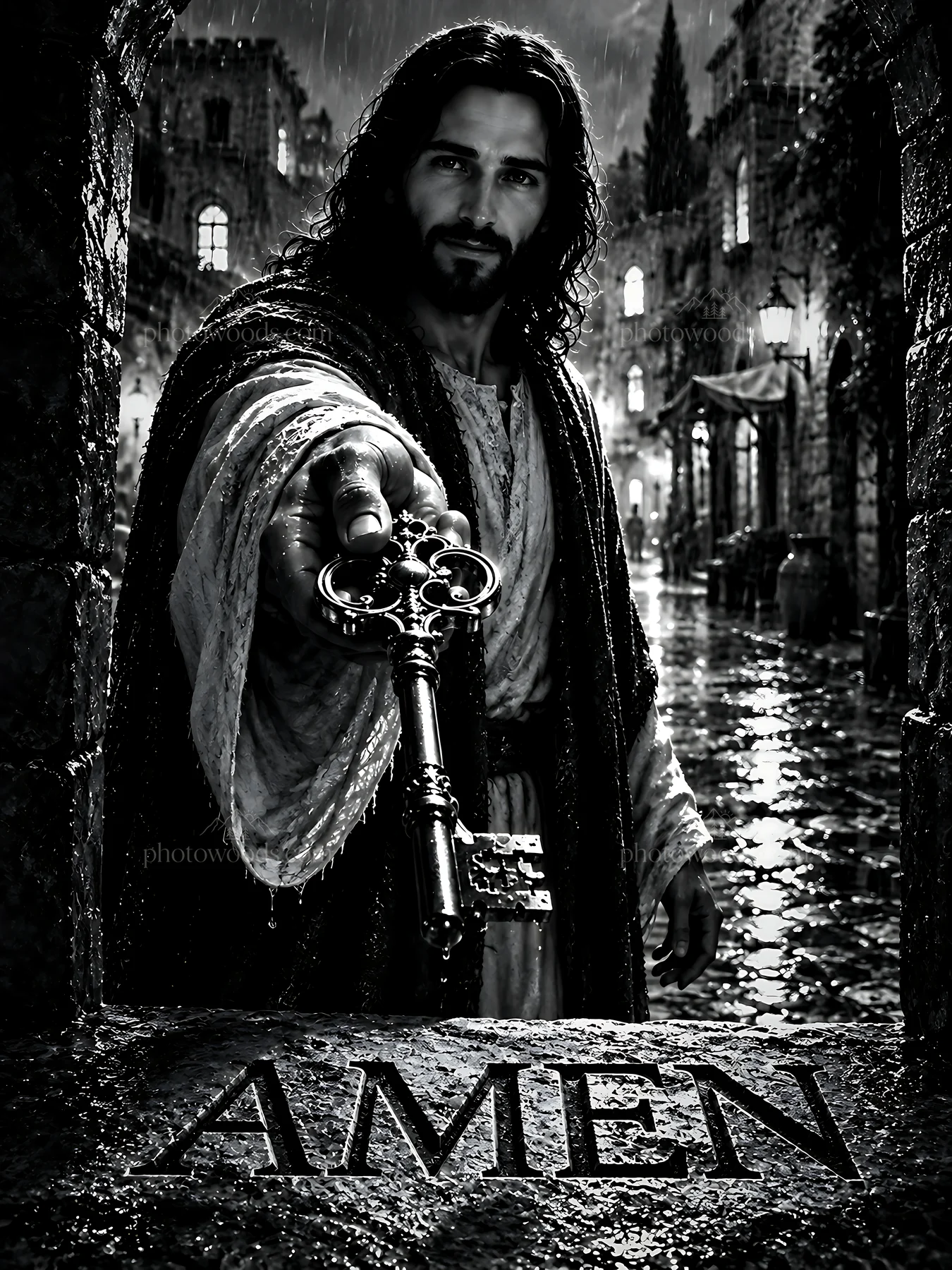 Rainwashed street scene with a figure holding keys - AI-generated stock image