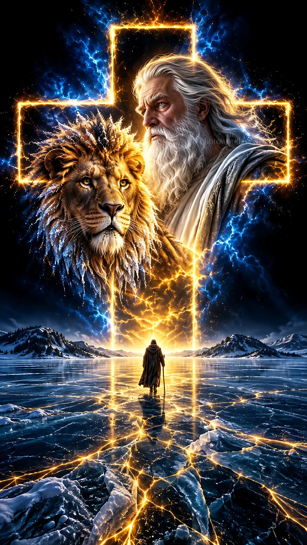 Jesus Christ in a powerful scene with a lion and cross - AI-generated stock image