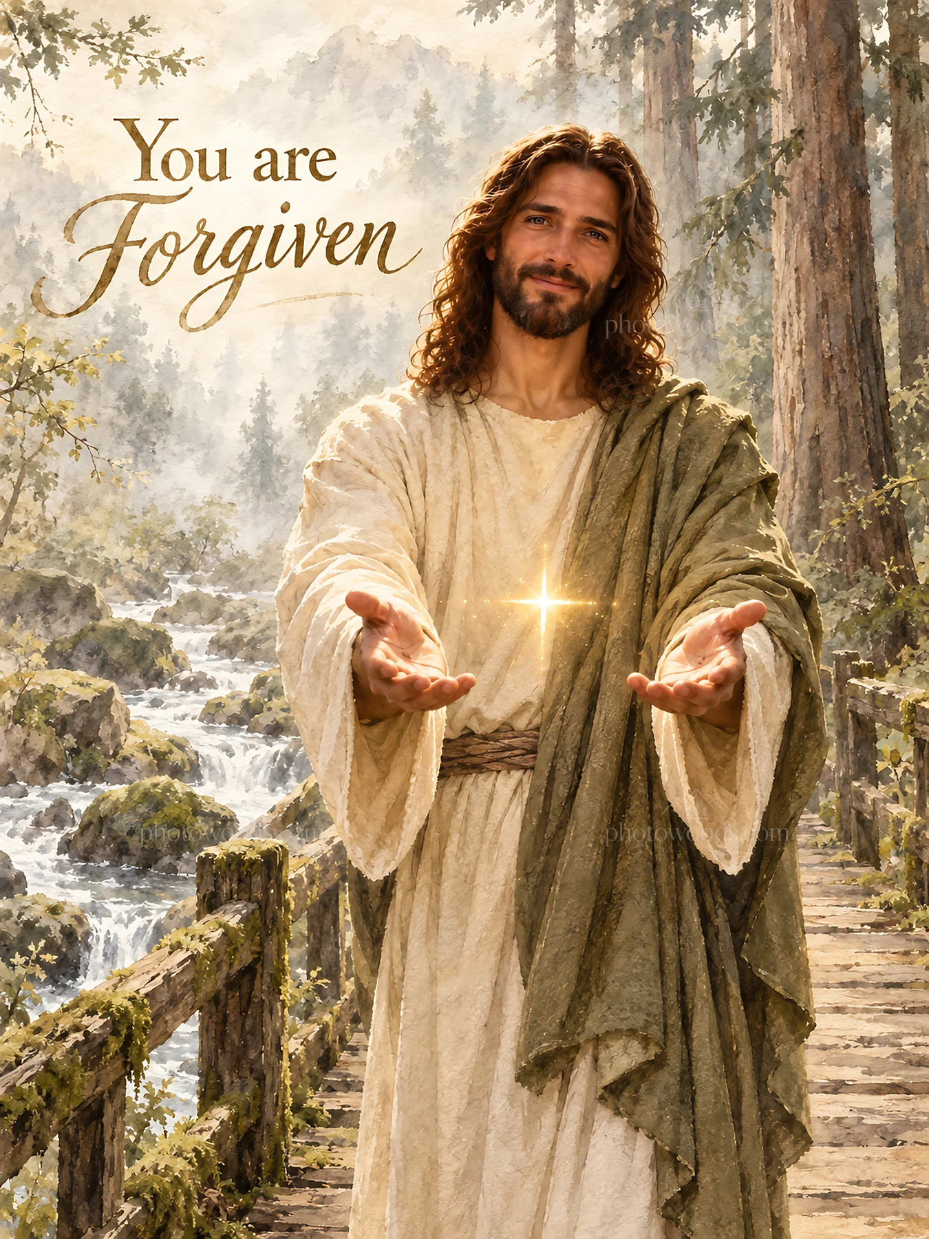 Jesus Christ extends forgiveness in a forest setting - AI-generated stock image