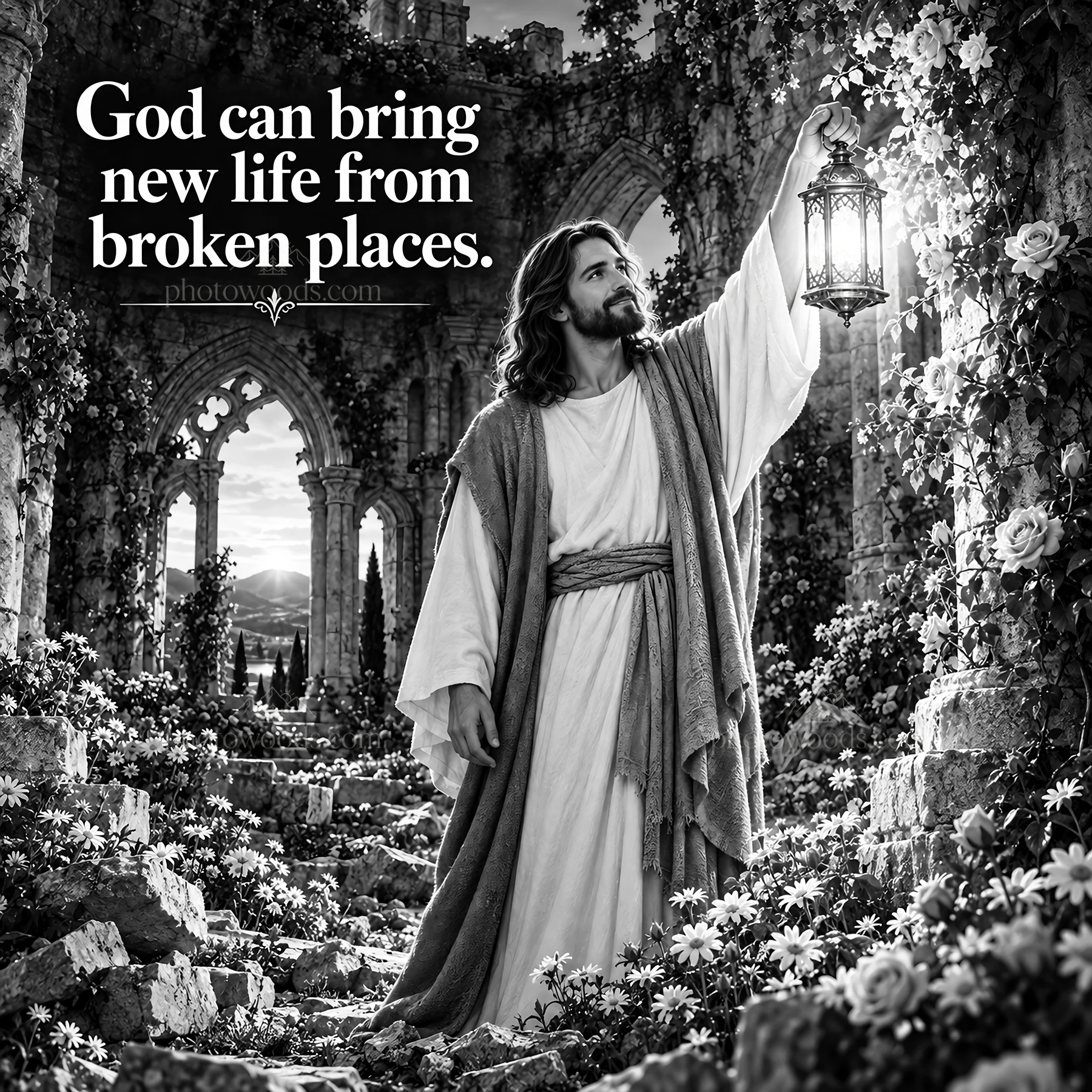 Jesus Christ brings hope and light to broken places - AI-generated stock image