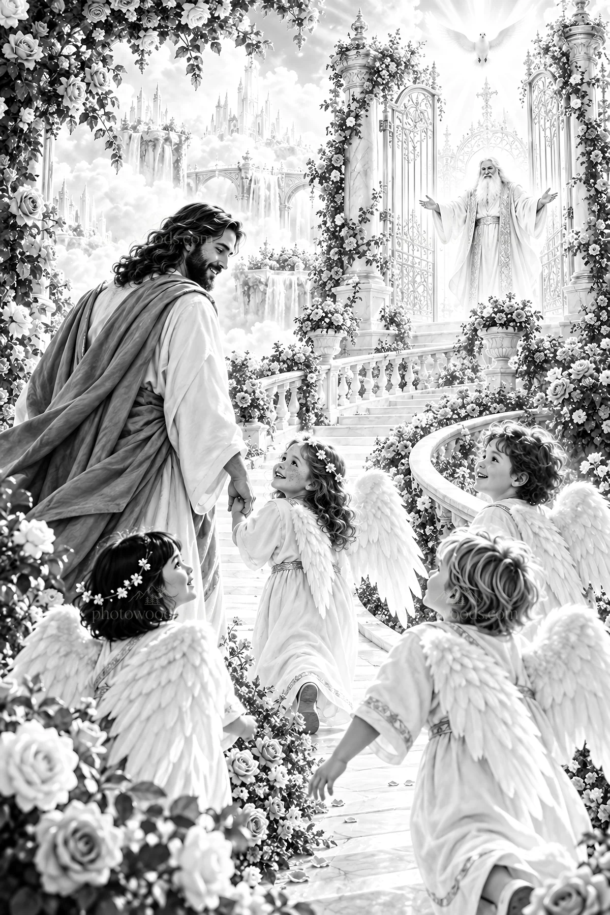 Jesus Christ guiding children in a garden of angels - AI-generated stock image