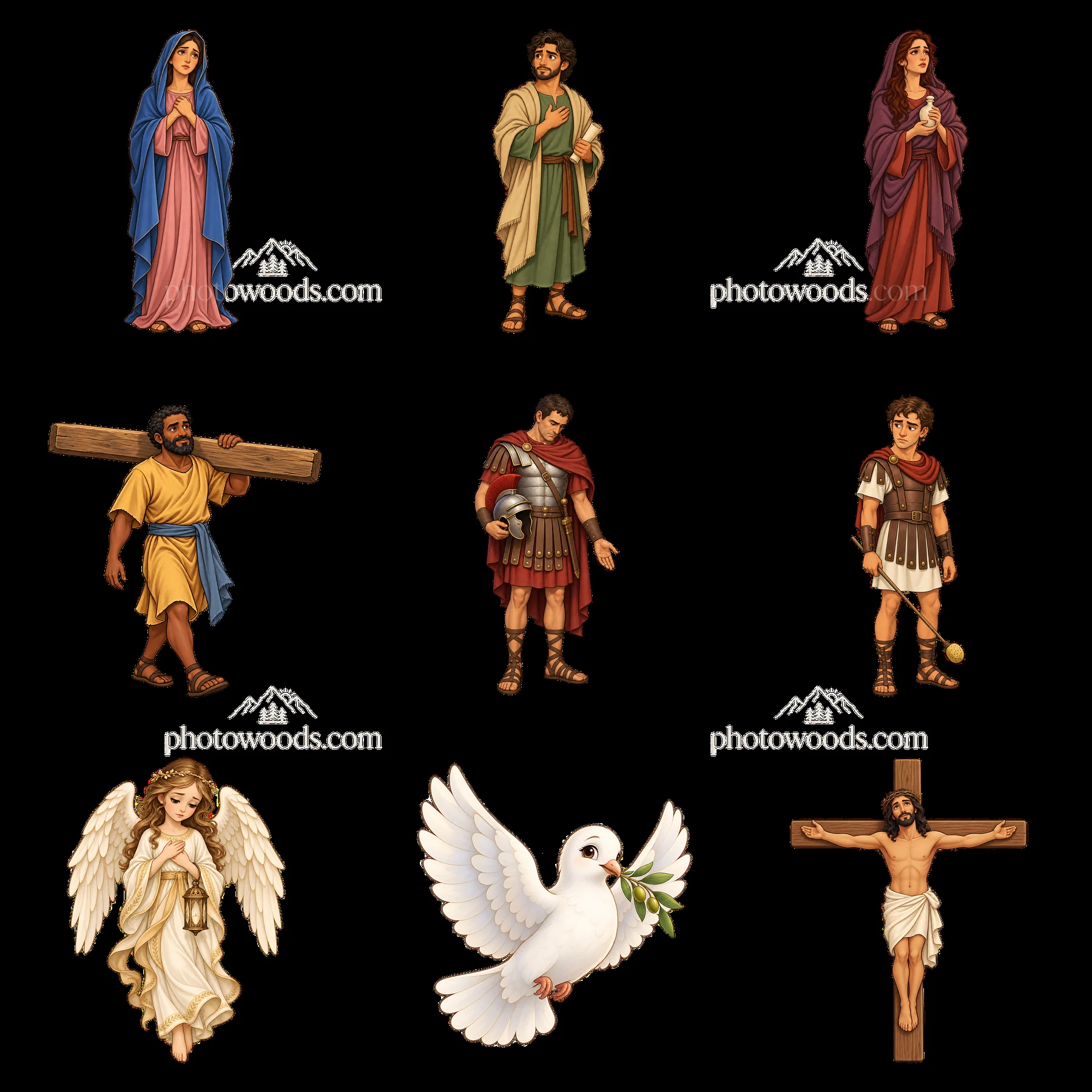 Jesus on the cross with biblical figures and symbols in a grid - AI-generated stock image
