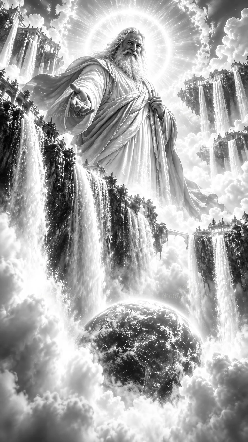 Jesus Christ reaching out from the heavens amid waterfalls - AI-generated stock image